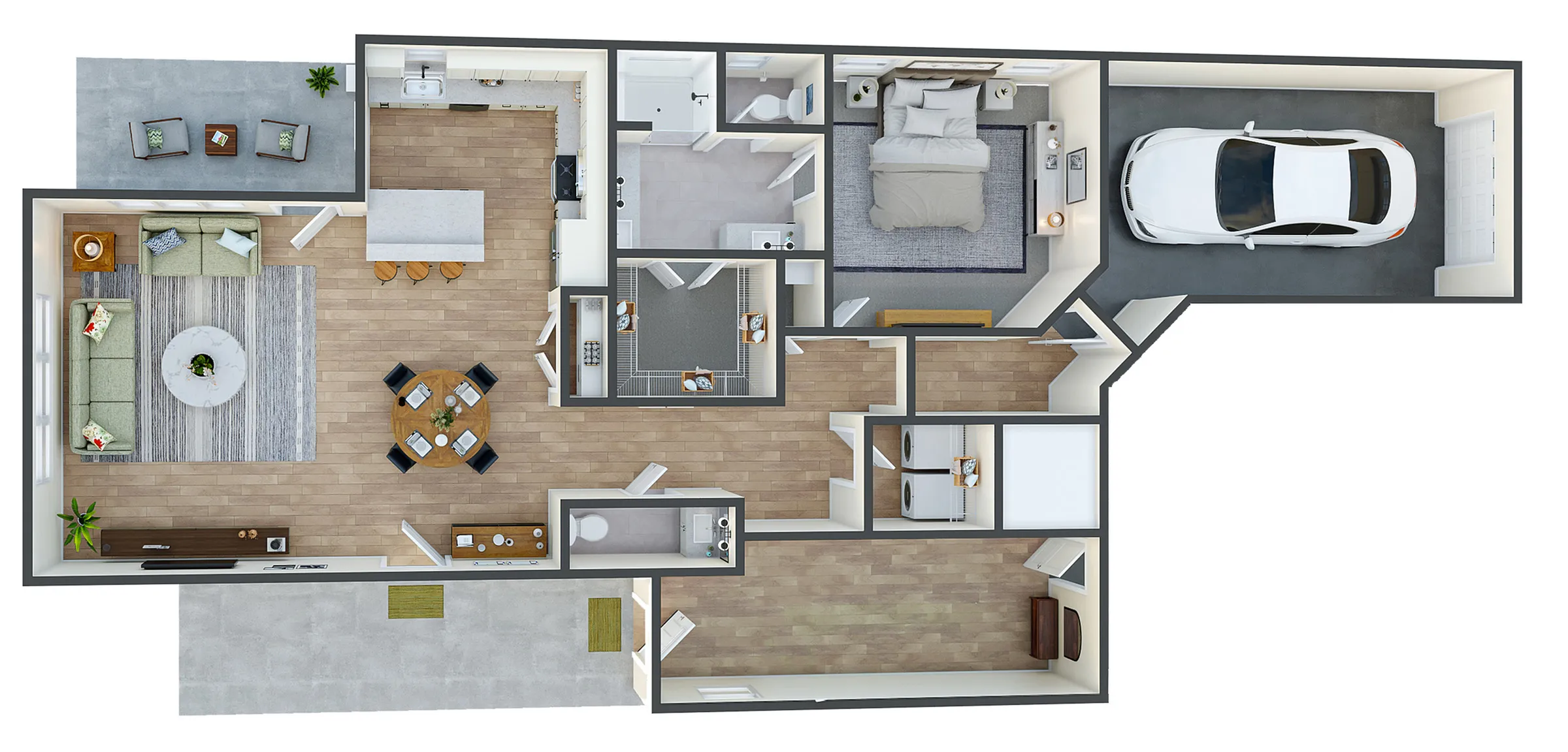 Elegant floor plan showcasing 2 bedrooms, modern open-concept kitchen, cozy living area, and spacious garage.