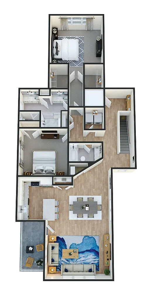 Chic 3D floor plan showcasing 2 bedrooms, modern kitchen, dining area, stylish living room, and elegant bathrooms.