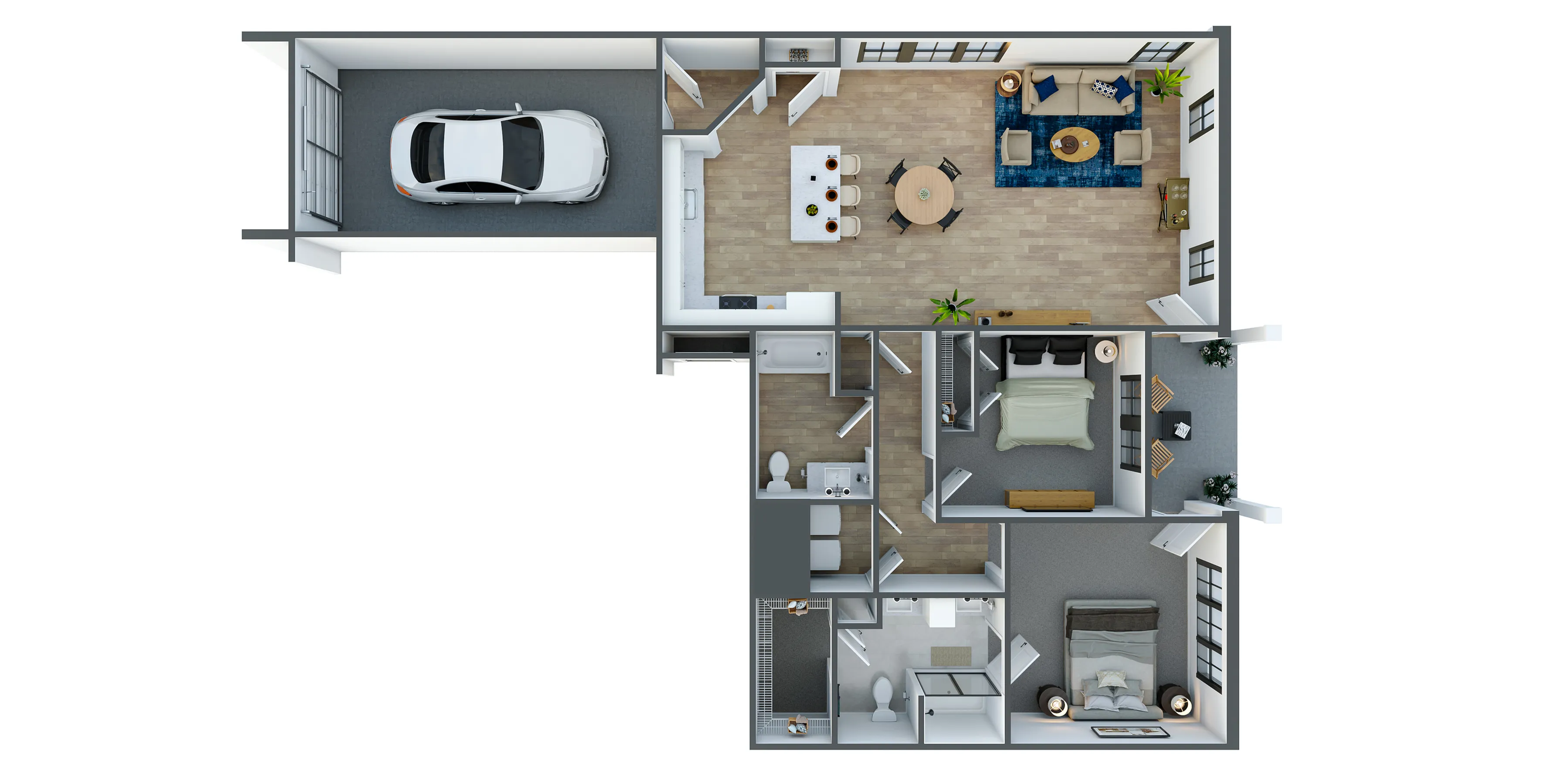 Modern 3D floor plan with two bedrooms, open kitchen, stylish living area, and attached garage.