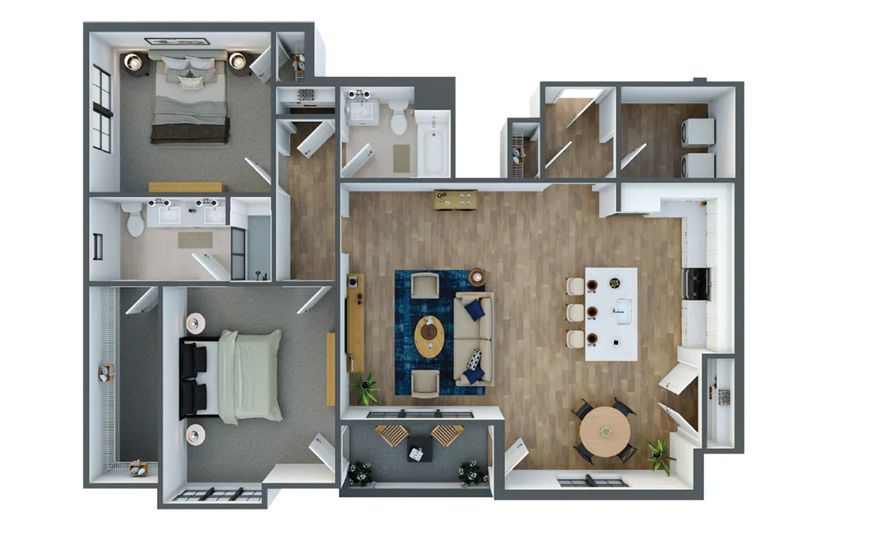 Modern 3D floor plan showcasing 2 spacious bedrooms, cozy living room, stylish open kitchen, and elegant dining area with wood flooring.