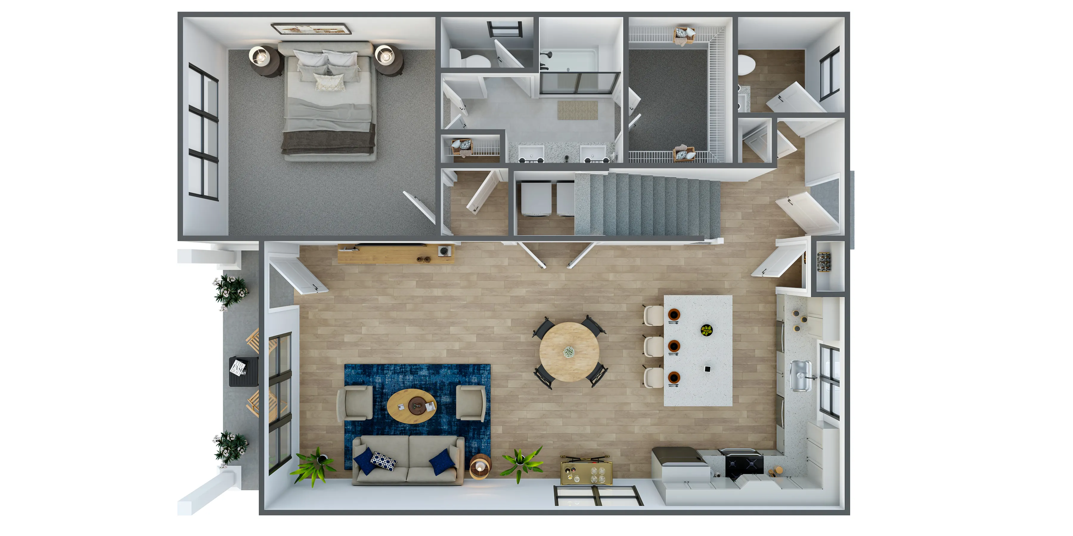 Modern 3D floor plan showcasing an elegant bedroom, open-concept living and dining area, and a sleek kitchen with island seating.