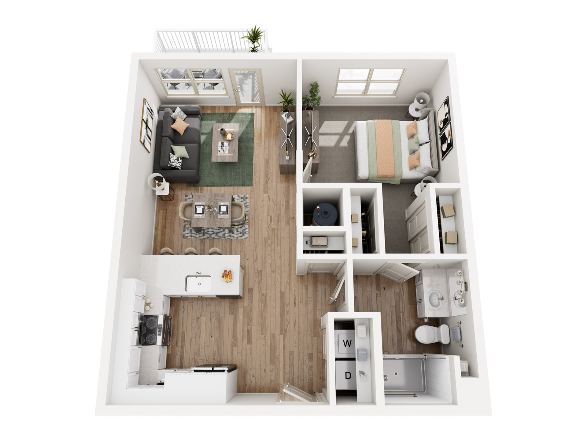 Modern 1-bedroom apartment floor plan with open-concept living room, stylish kitchen, and sleek bathroom. Bright interior with large windows and balcony access.
