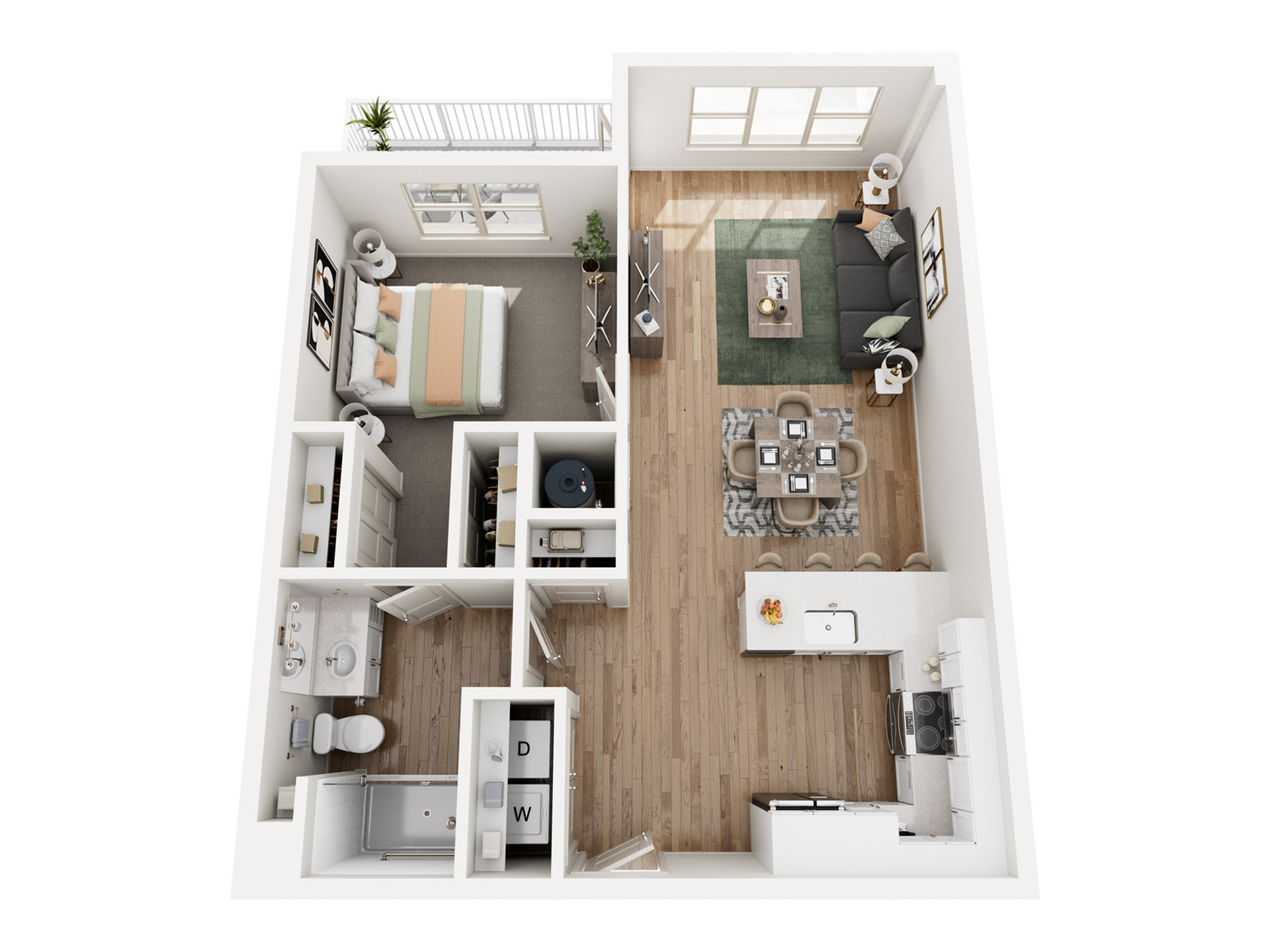 Modern apartment floor plan featuring a spacious bedroom, sleek bathroom, inviting open-plan living and dining area, and contemporary kitchen. Ideal for stylish urban living.