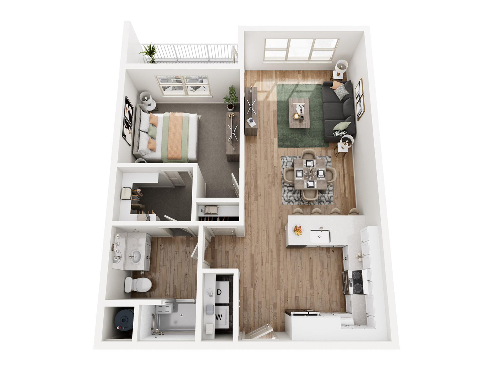 Modern 3D floor plan showcasing a cozy bedroom, sleek open-concept living and dining area, and a stylish kitchen with a breakfast bar.