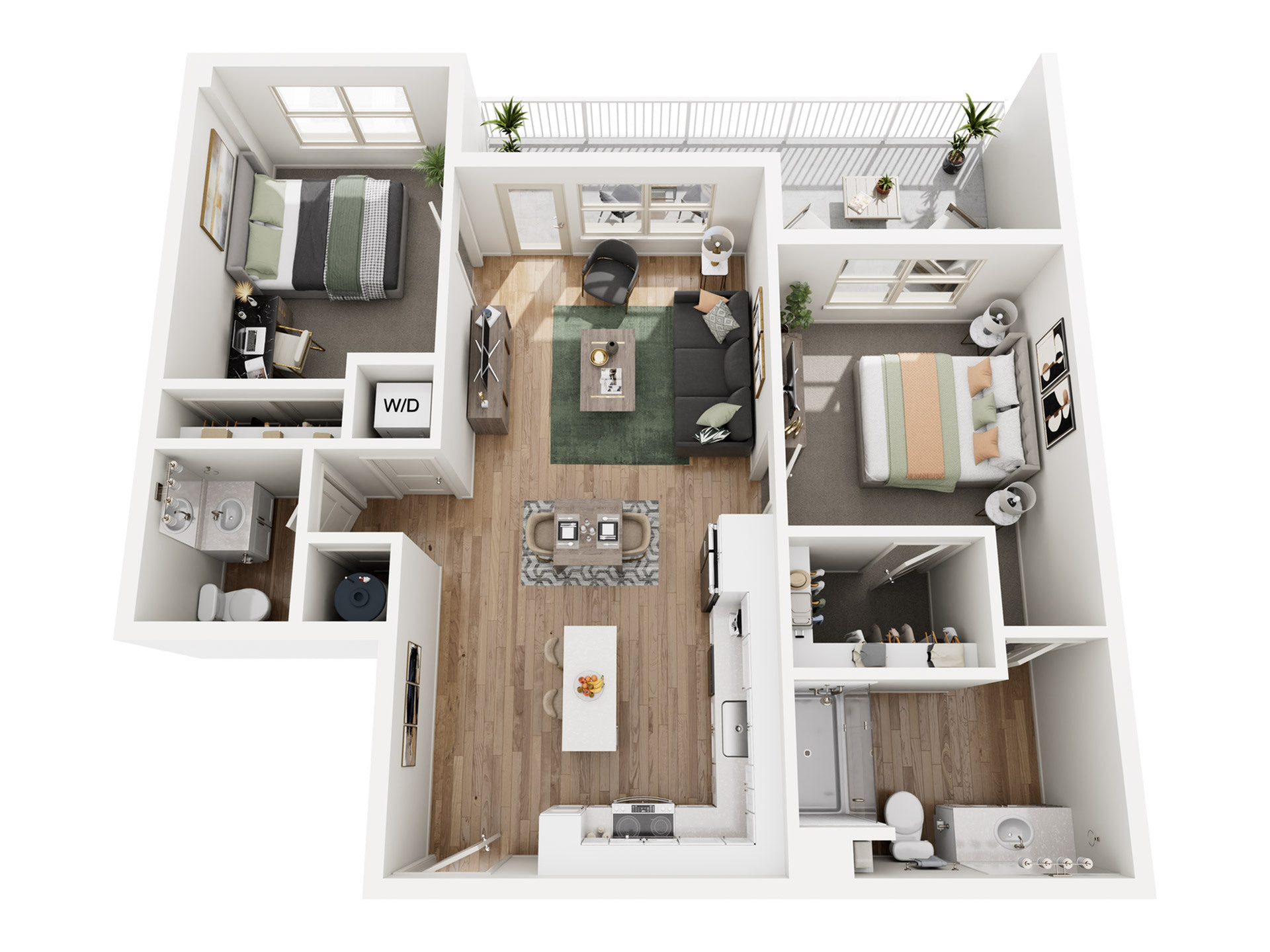 Chic and modern 3D floor plan showcasing 2 bedrooms, elegant living area, and sleek kitchen with island, enhanced by a cozy balcony.