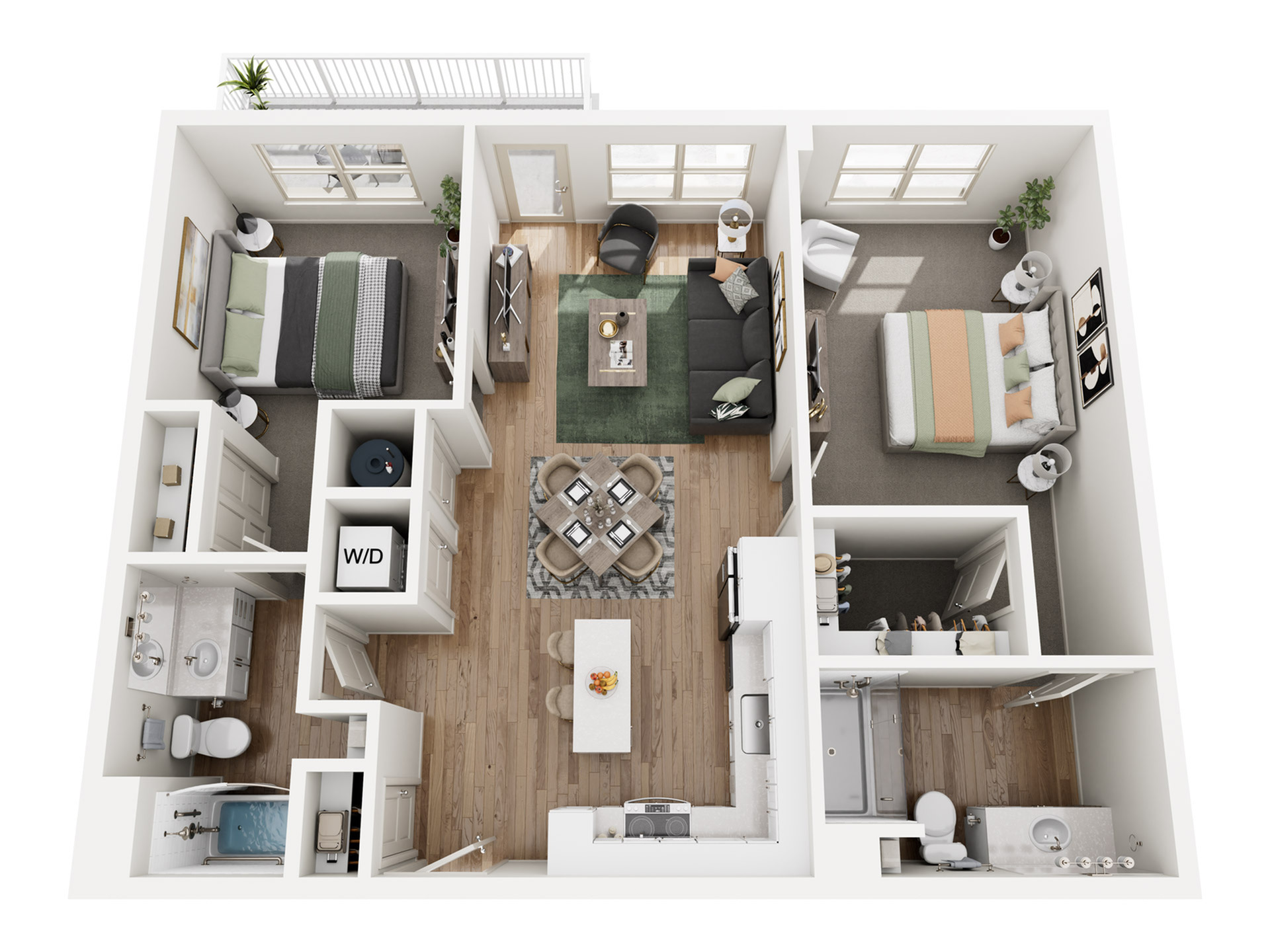 Modern 3D apartment floor plan featuring 2 cozy bedrooms, elegant living area, open kitchen with dine-in space, and two sleek bathrooms, complete with in-unit washer and dryer.