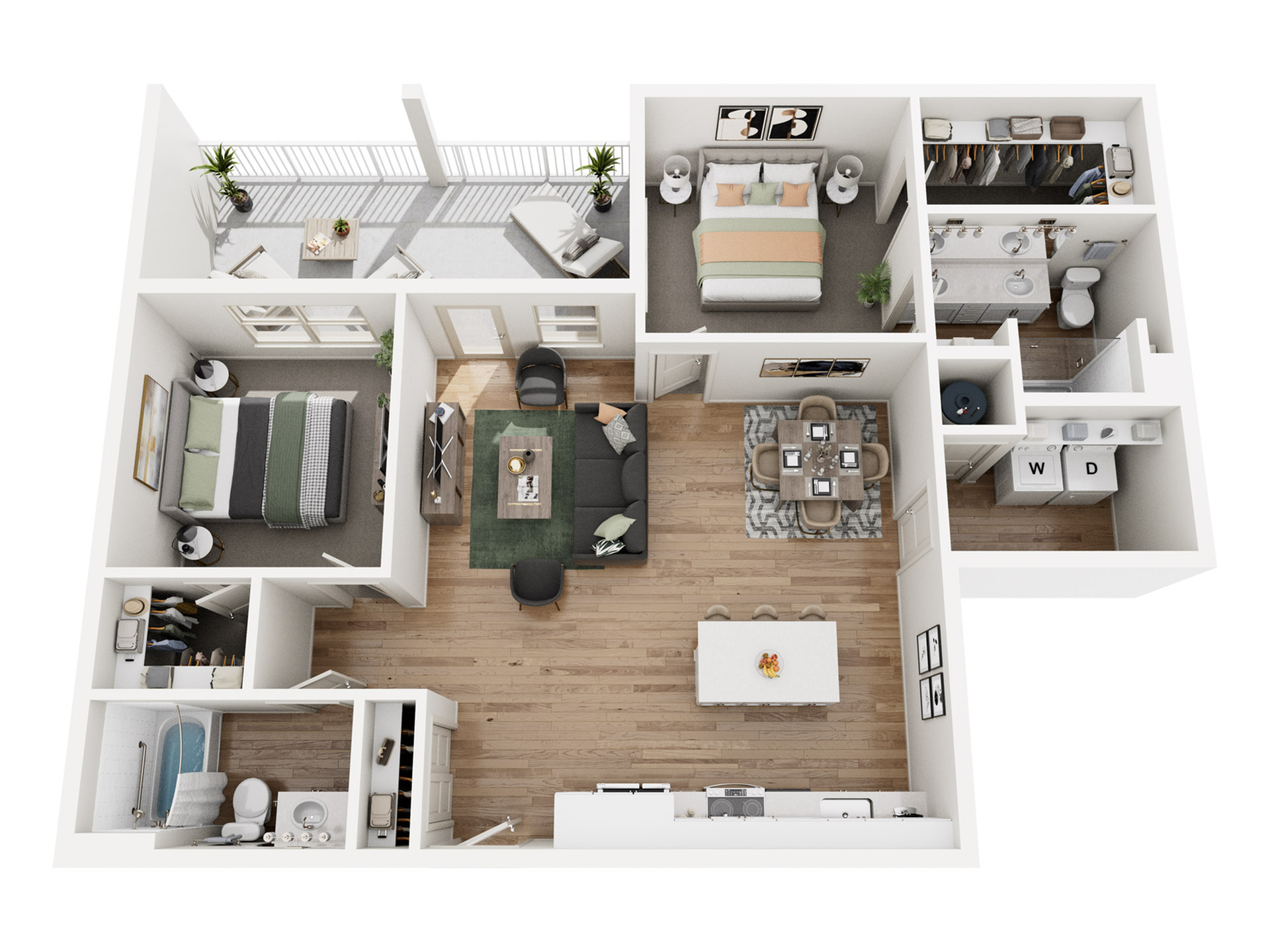 Modern 3D apartment floor plan with 2 bedrooms, open-concept living and dining area, luxurious kitchen, spacious balcony, and elegant bathrooms.