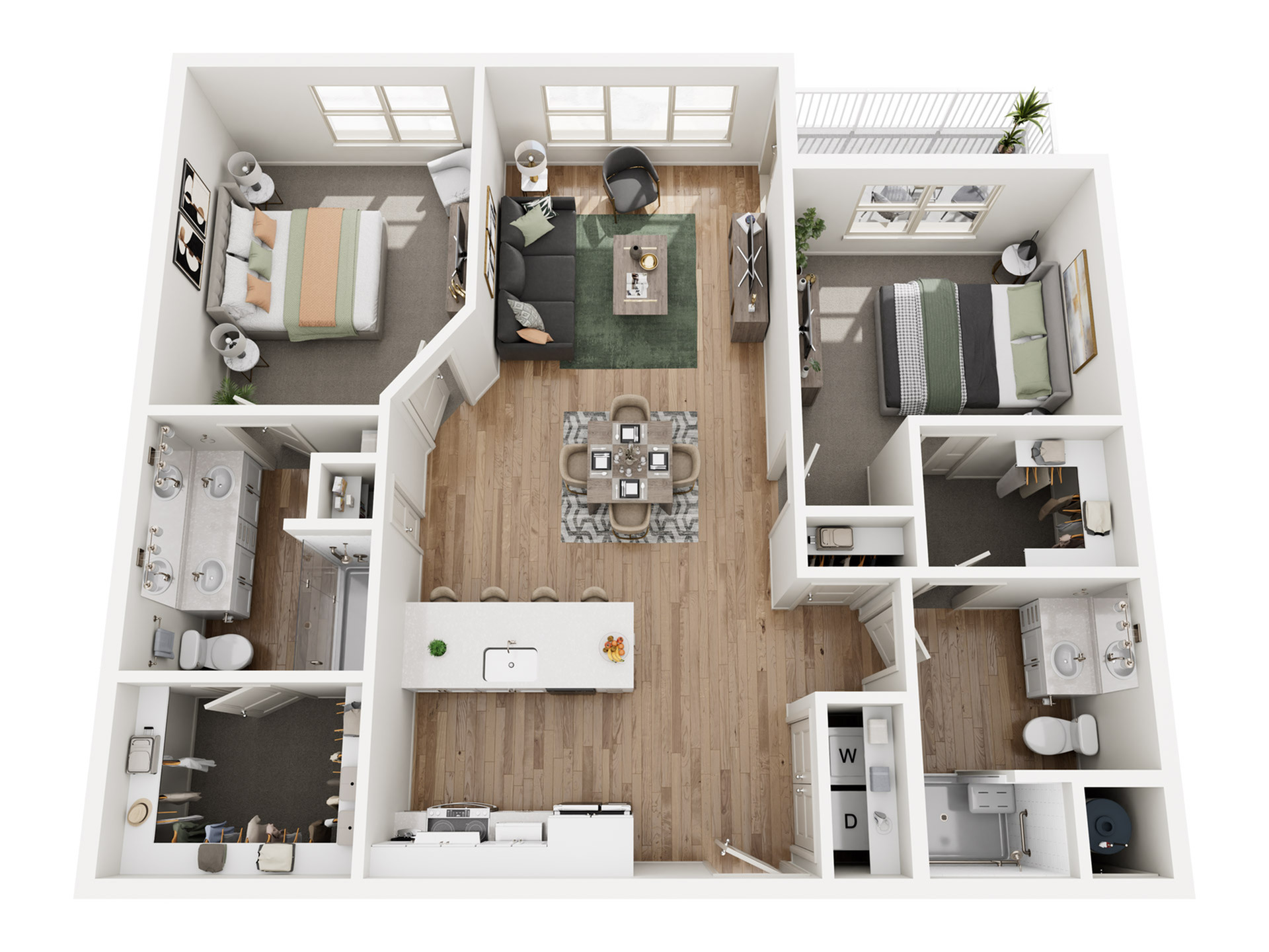 Charming 2-bedroom apartment floor plan with a modern open-concept living area, sleek kitchen island, two luxurious bathrooms, and a cozy balcony.