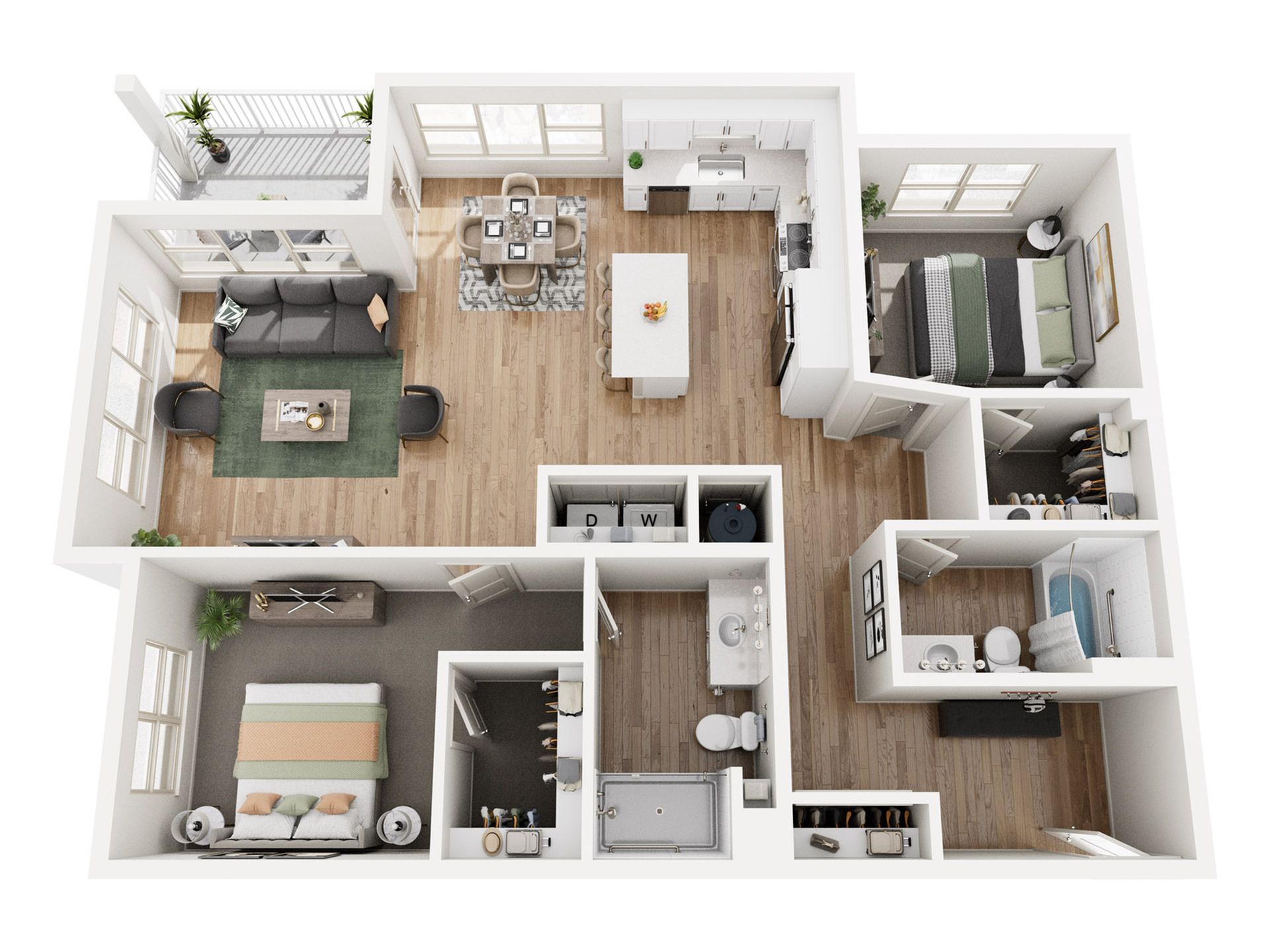 Modern floor plan showcasing 2 bedrooms, open-concept living area, and sleek kitchen with island, complemented by a cozy balcony for outdoor relaxation.