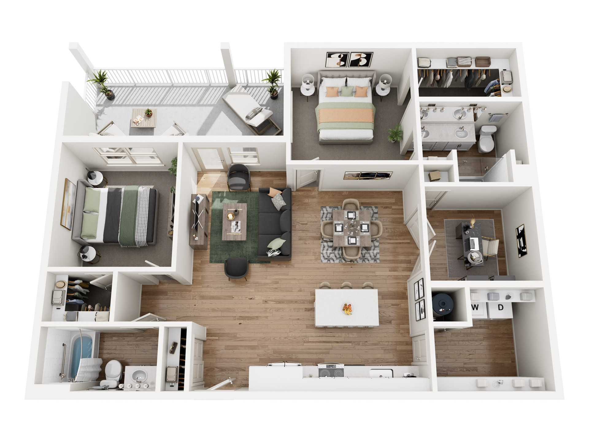 Chic 3D floor plan showcasing 2 bedrooms, a modern kitchen, open-concept living area, and a private balcony.