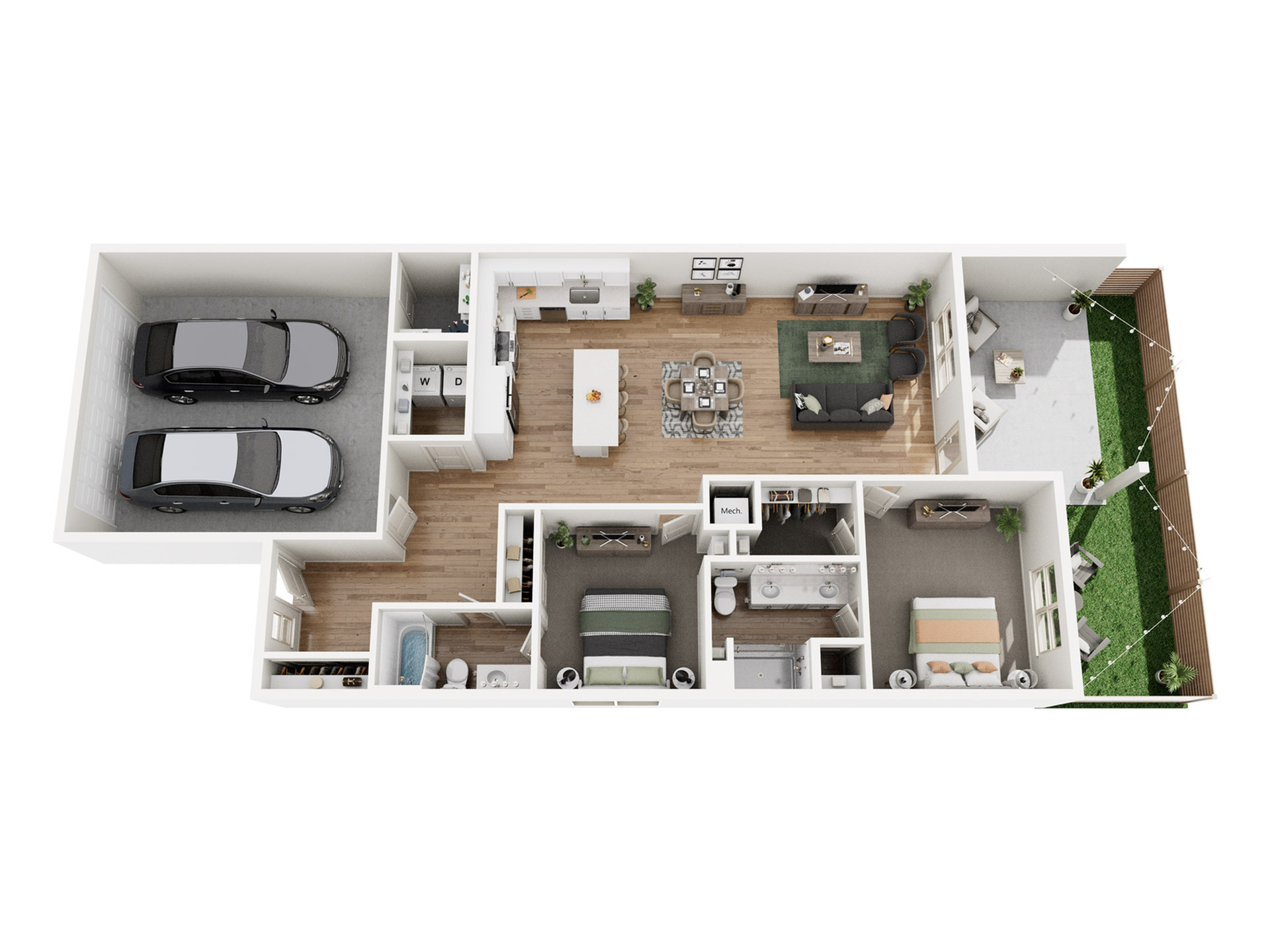 Modern 3D floor plan showcasing a stylish 2-bedroom apartment with an open-concept kitchen and living area, dual-car garage, and a charming patio garden.