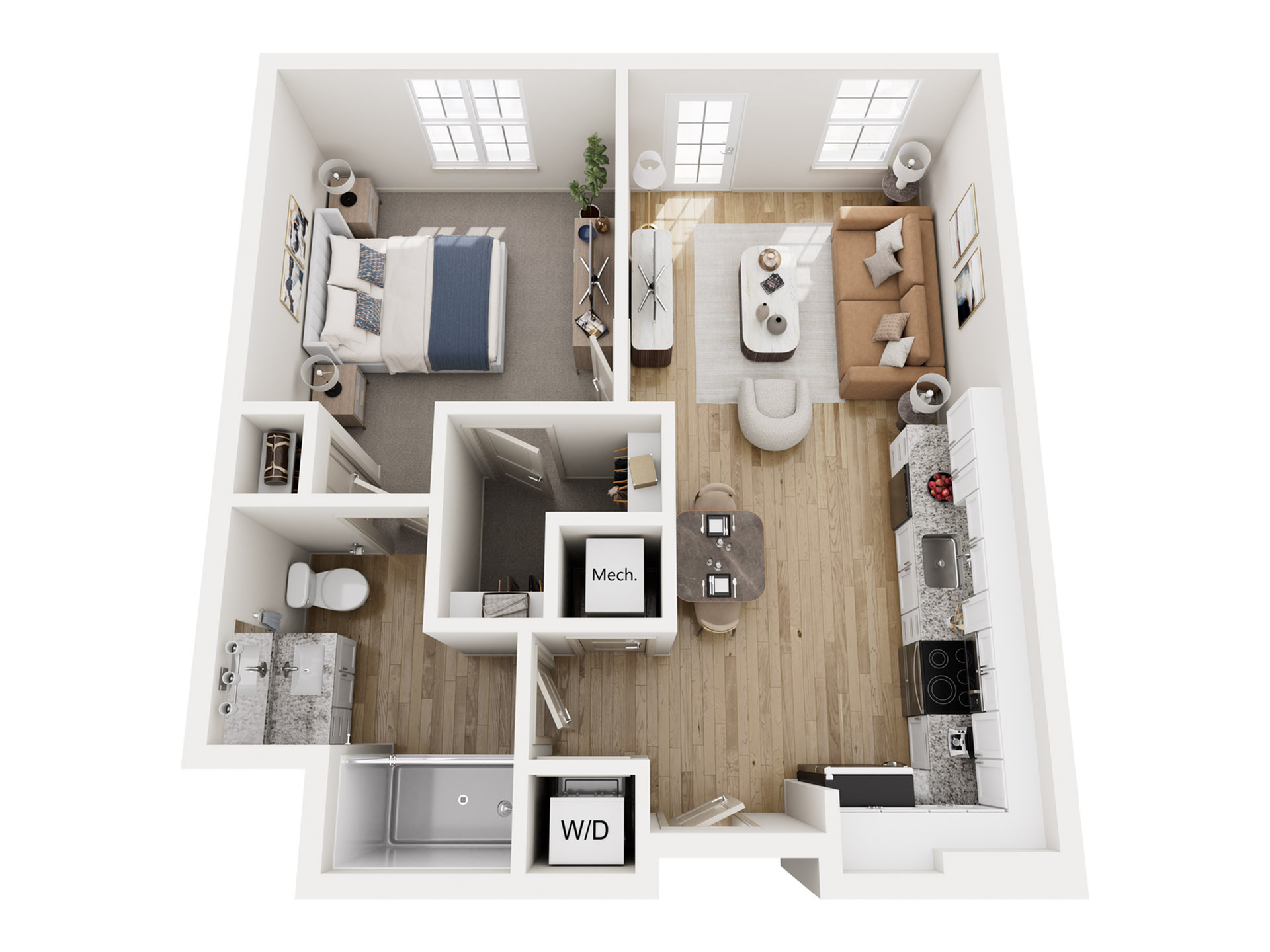 Modern 3D floor plan showcasing a cozy 1-bedroom apartment with an open living area, stylish kitchen, and elegant bathroom.