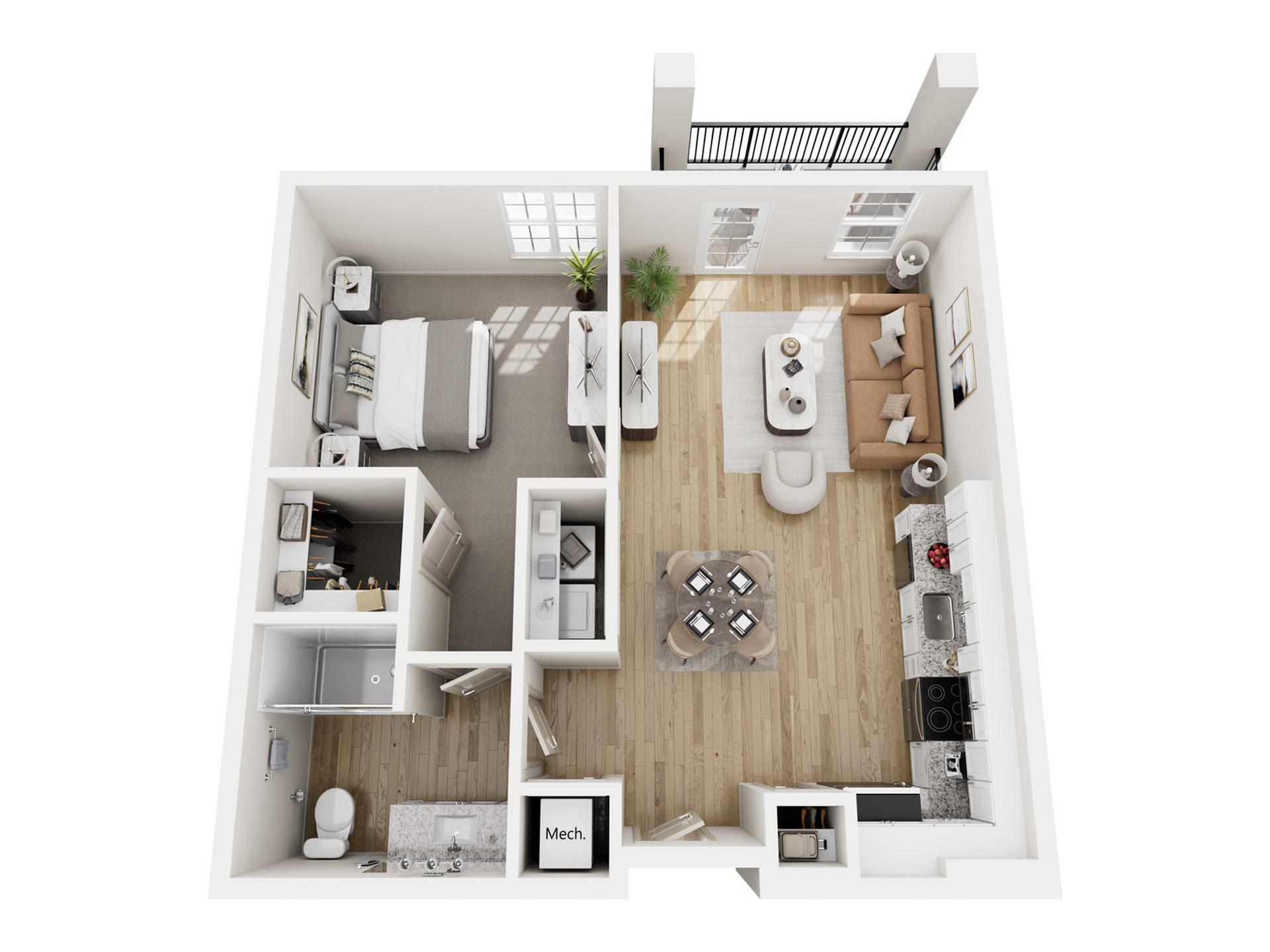 Chic floor plan showcasing a modern open-concept living area, sleek kitchen, cozy bedroom, and a stylish bathroom.