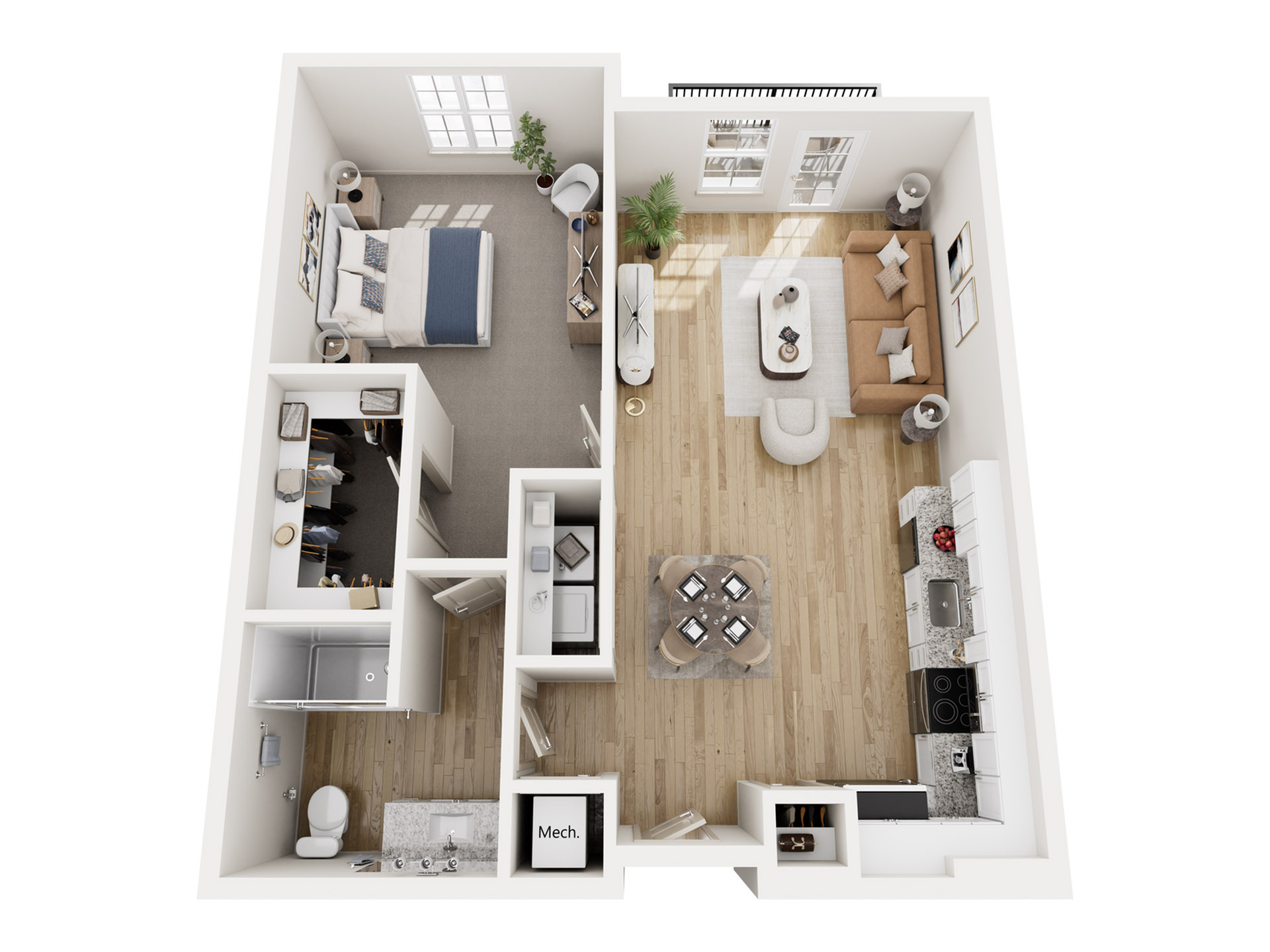 Inviting 1-bedroom apartment floor plan with a spacious open-concept living and dining area, modern kitchen, and walk-in closet.