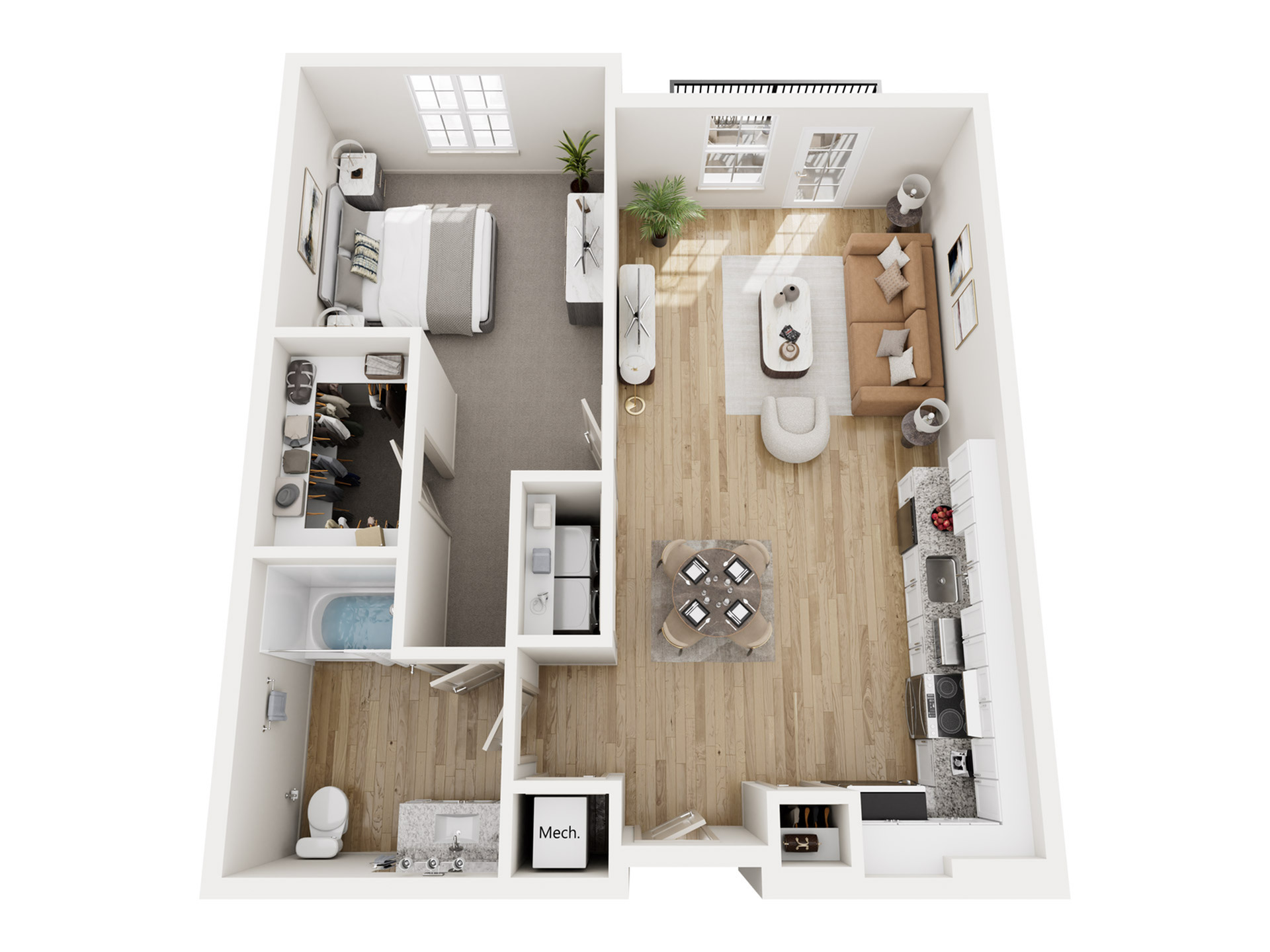 Elegant 1-bedroom apartment floor plan with a spacious living area, modern kitchen, and luxurious bathroom.