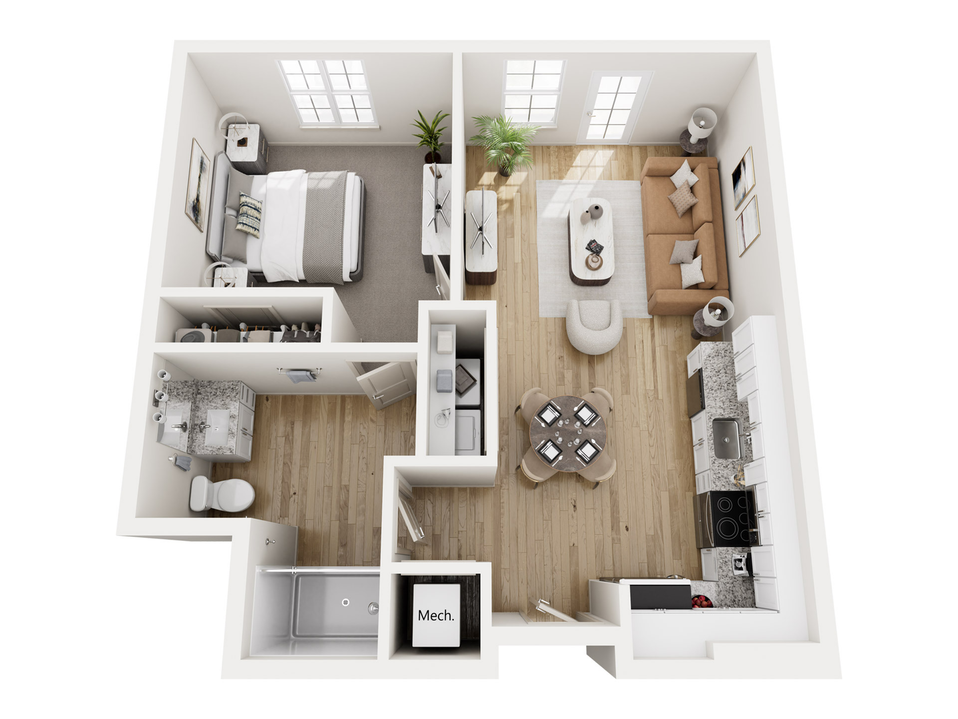 Bright 3D floor plan featuring a cozy bedroom, modern kitchen, elegant living area, and stylish bathroom.