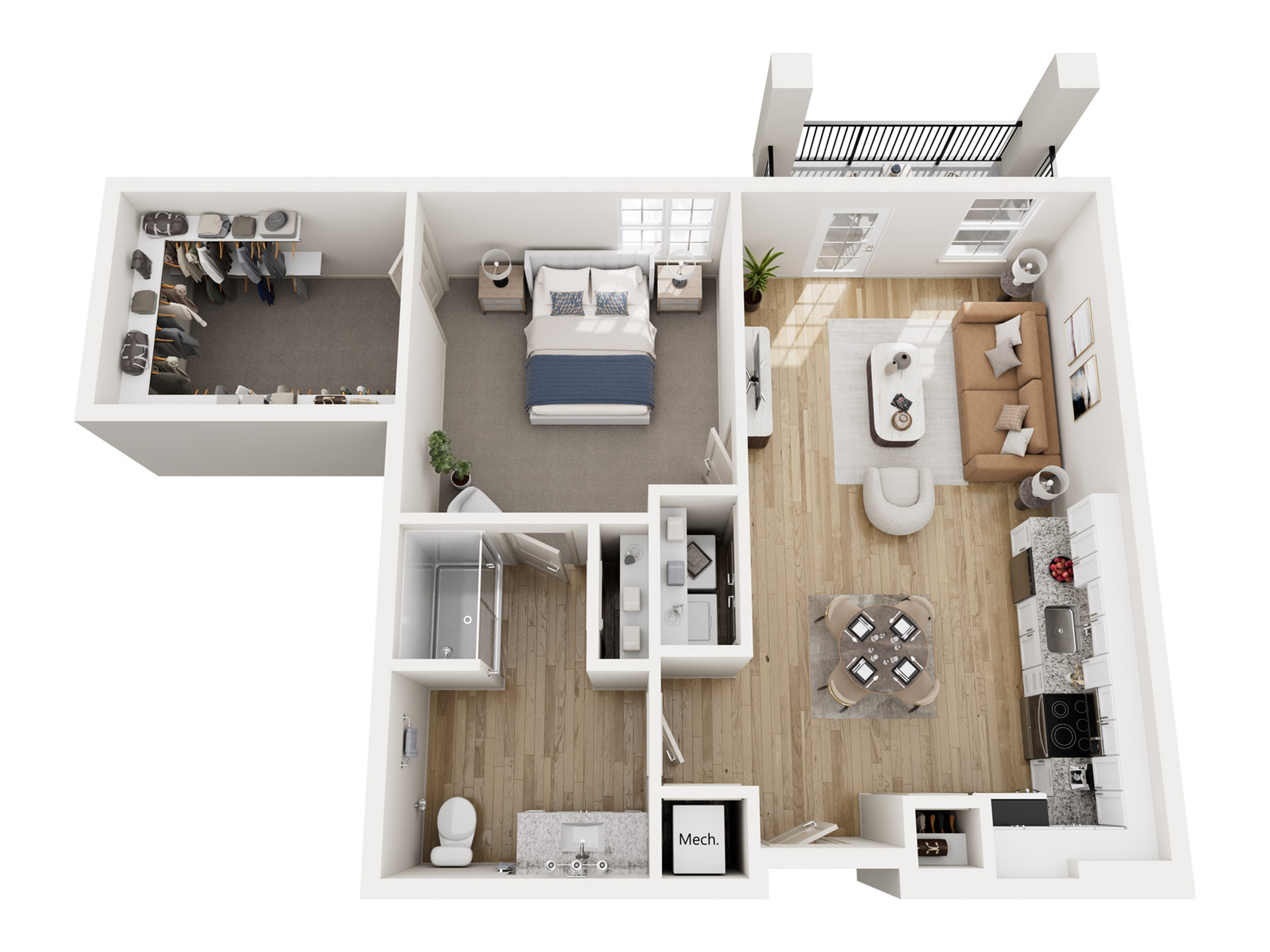 Elegant 3D floor plan showcasing a spacious one-bedroom apartment with modern kitchen, cozy living area, and large walk-in closet.