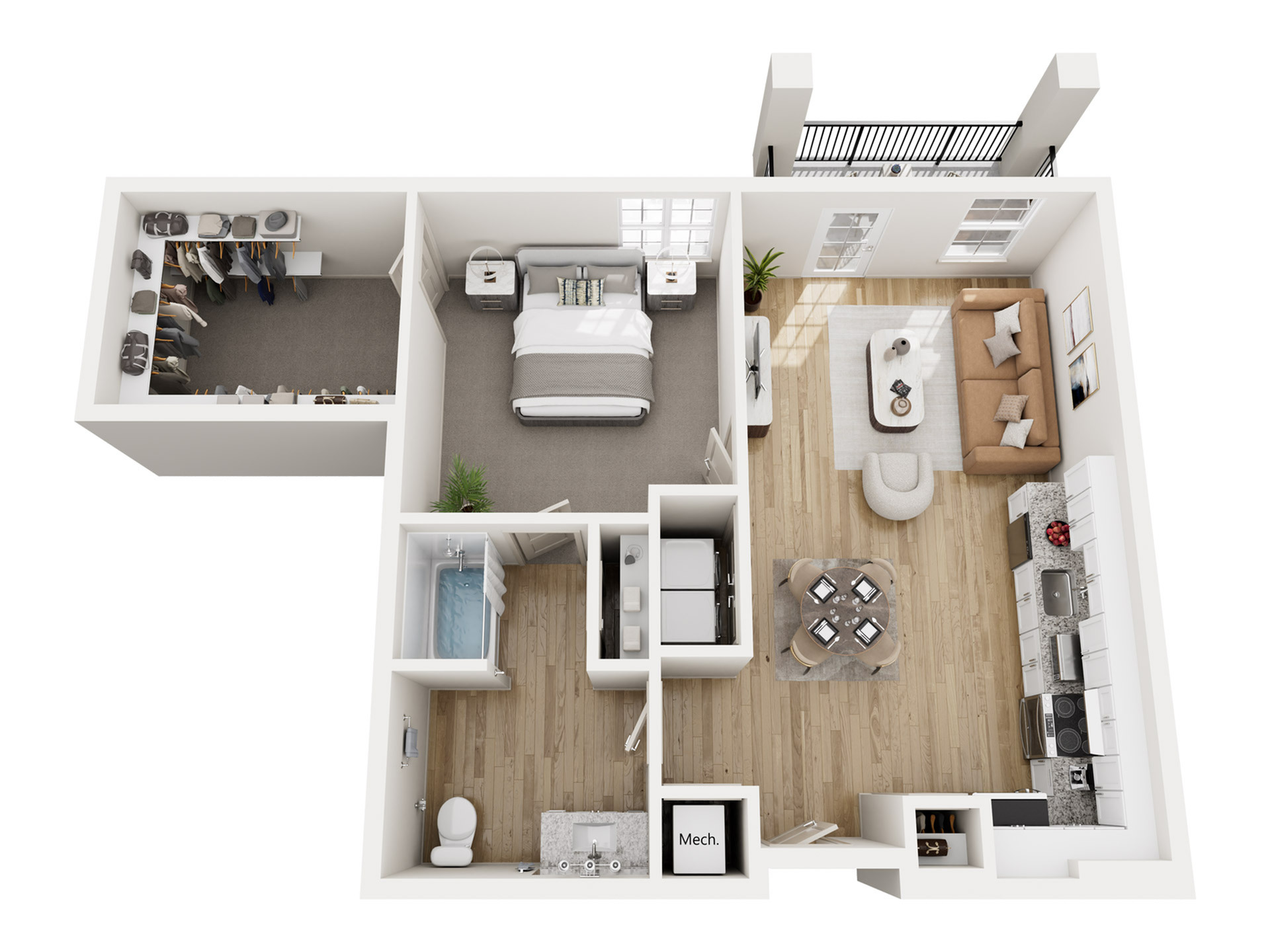 Chic 3D floor plan showcasing a modern one-bedroom apartment with spacious walk-in closet, open living area, and stylish kitchen.