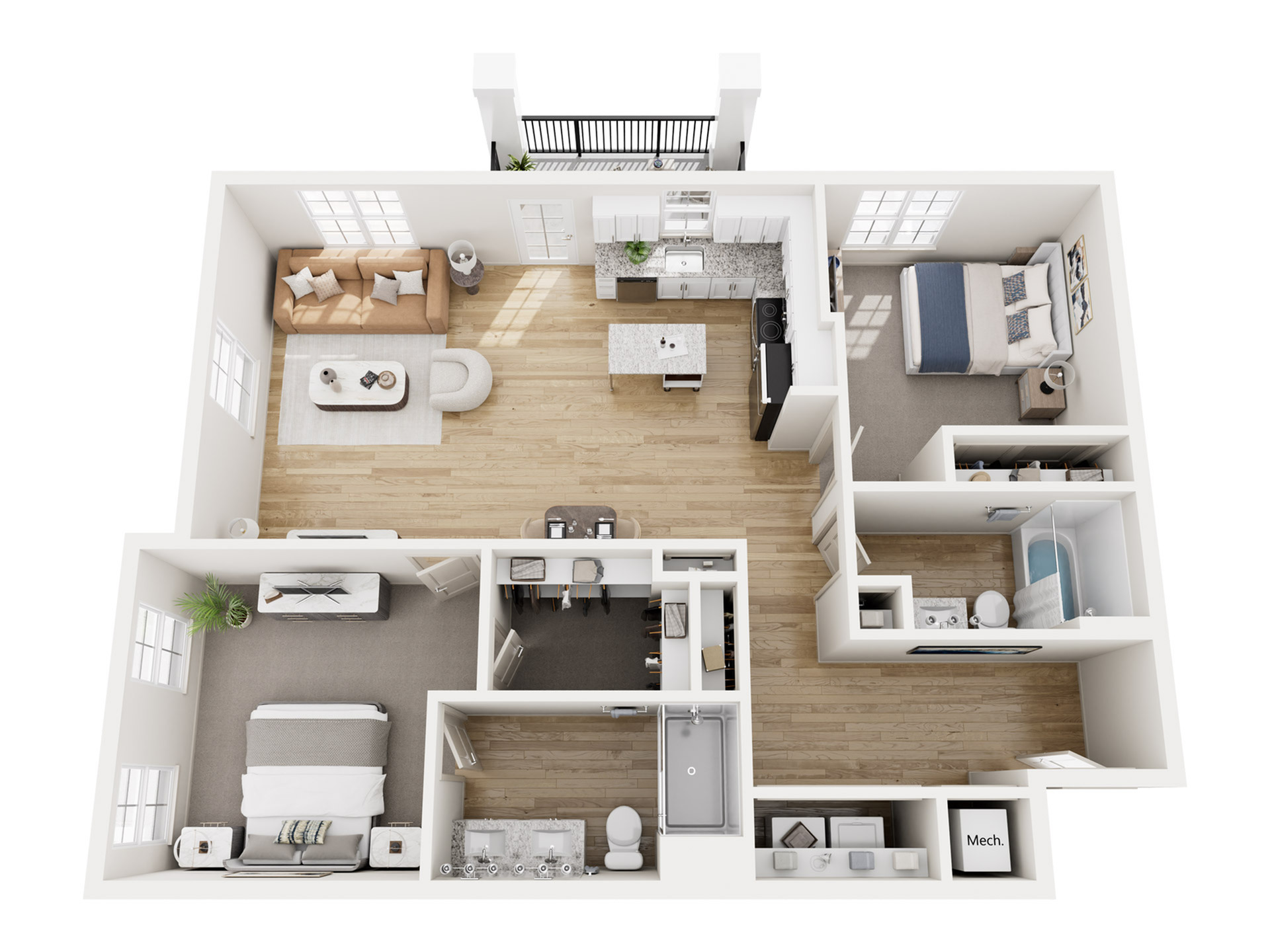 Modern 3D floor plan showcasing a spacious layout with two bedrooms, a cozy living area, sleek kitchen, and two bathrooms, perfect for comfortable living.