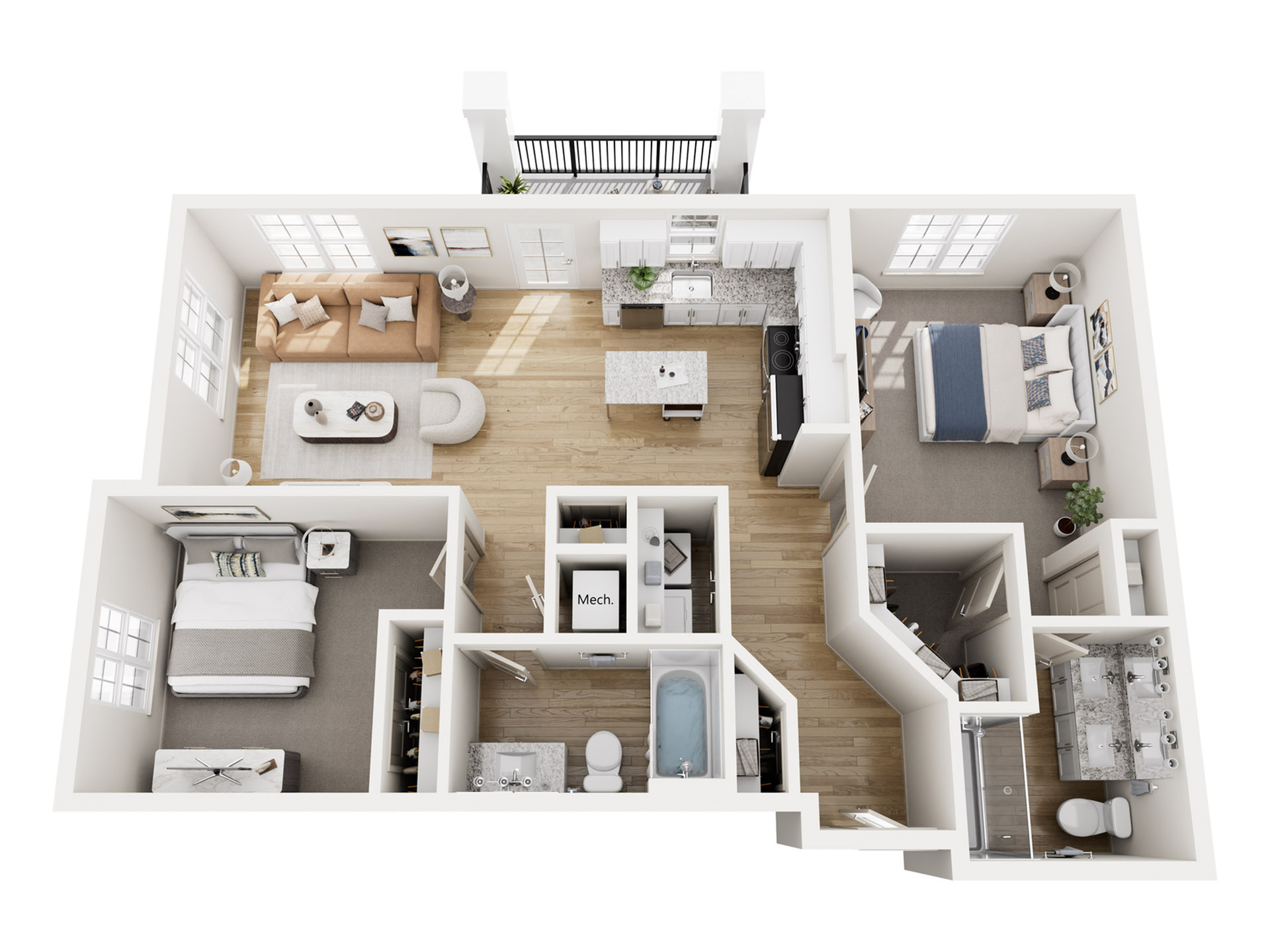 Modern apartment floor plan featuring two spacious bedrooms, a chic open-concept living area, and a stylish kitchen with an island. Includes a bathroom with double sinks and a cozy balcony for relaxation.