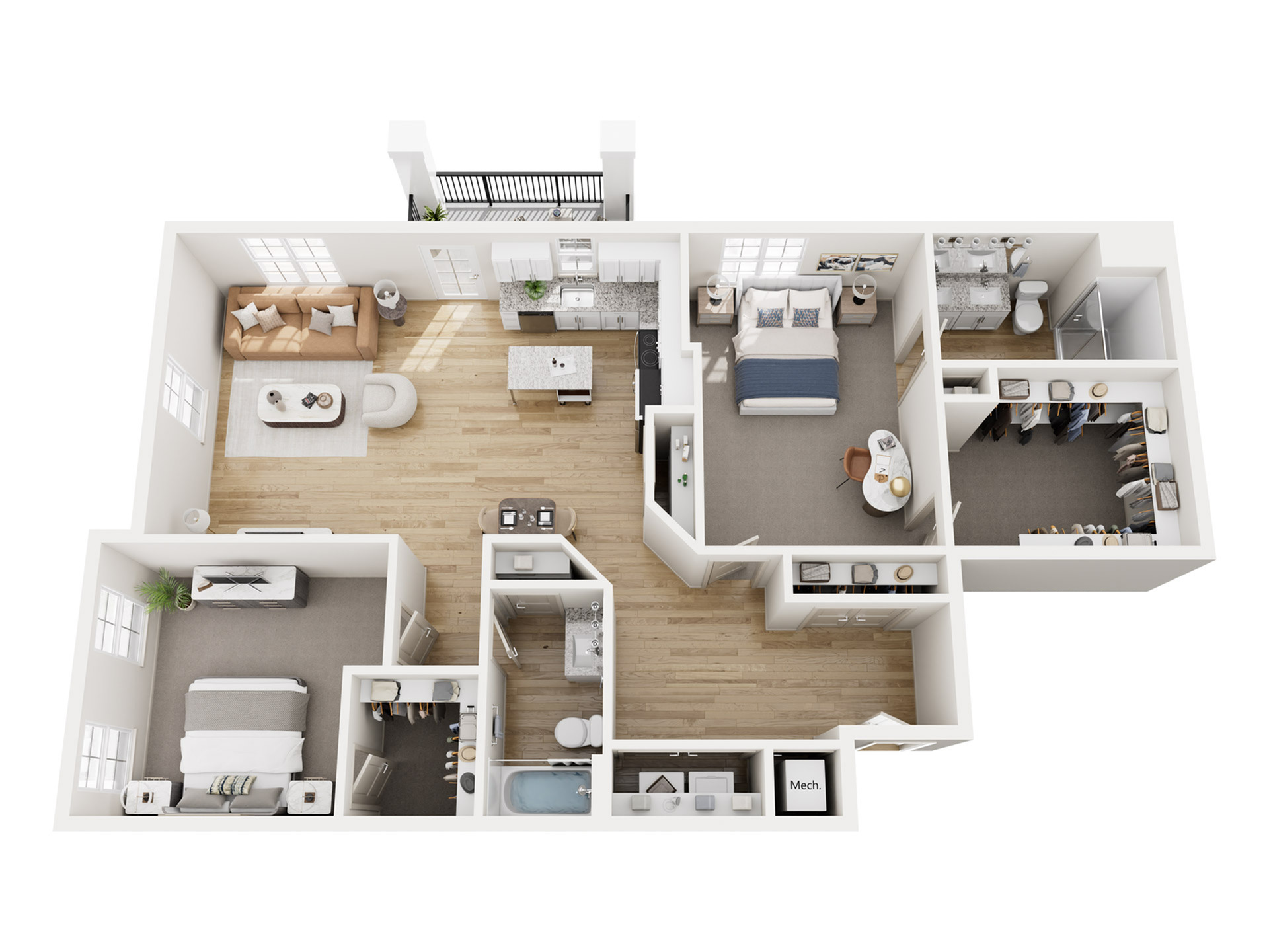 Elegant 3D floor plan showcasing 2 bedrooms, open-concept living area with modern kitchen, and spacious walk-in closets.