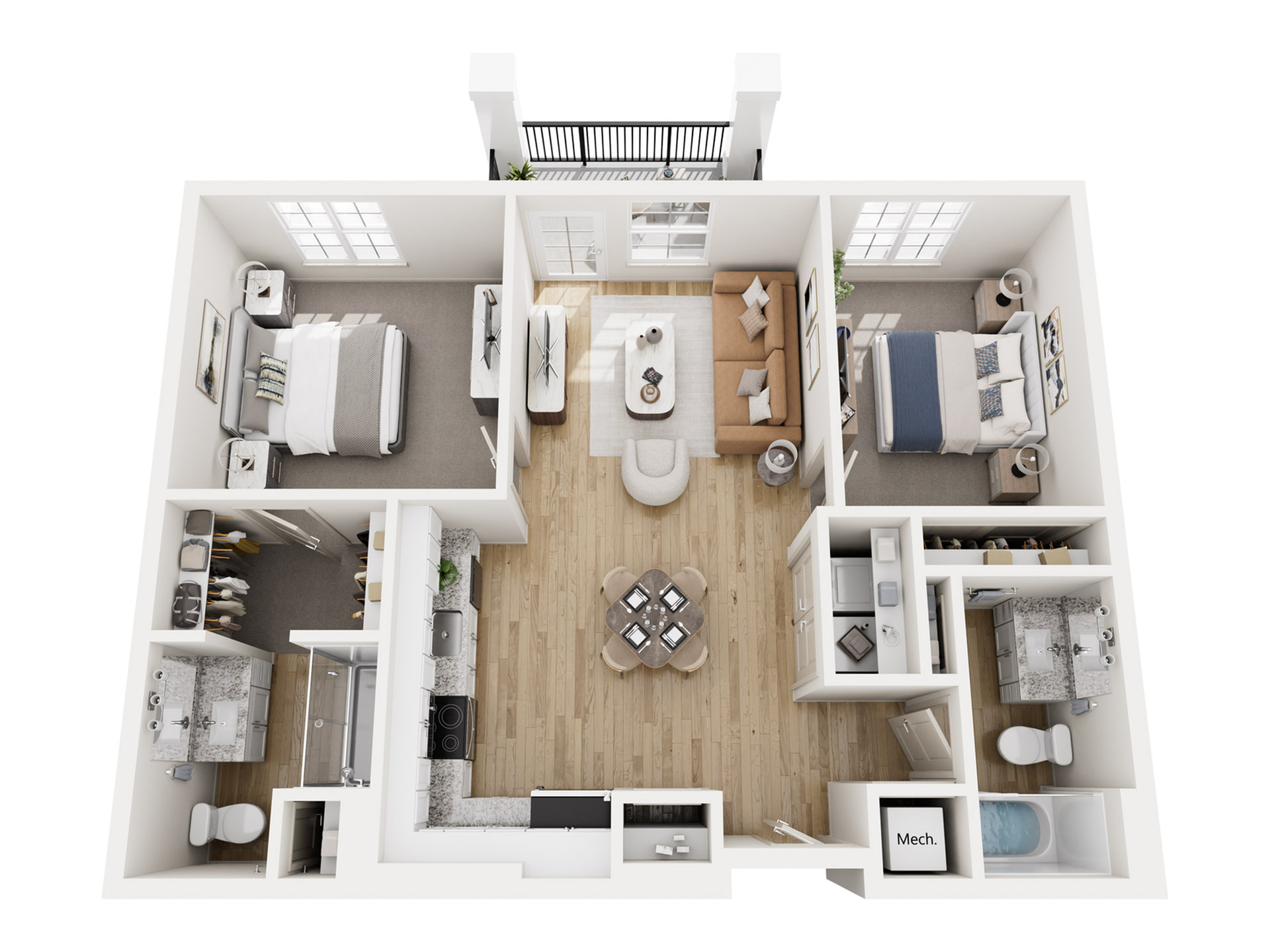 Modern 3D floor plan showcasing 2 stylish bedrooms, an elegant open-concept living and dining area, a sleek kitchen, and spacious bathrooms.