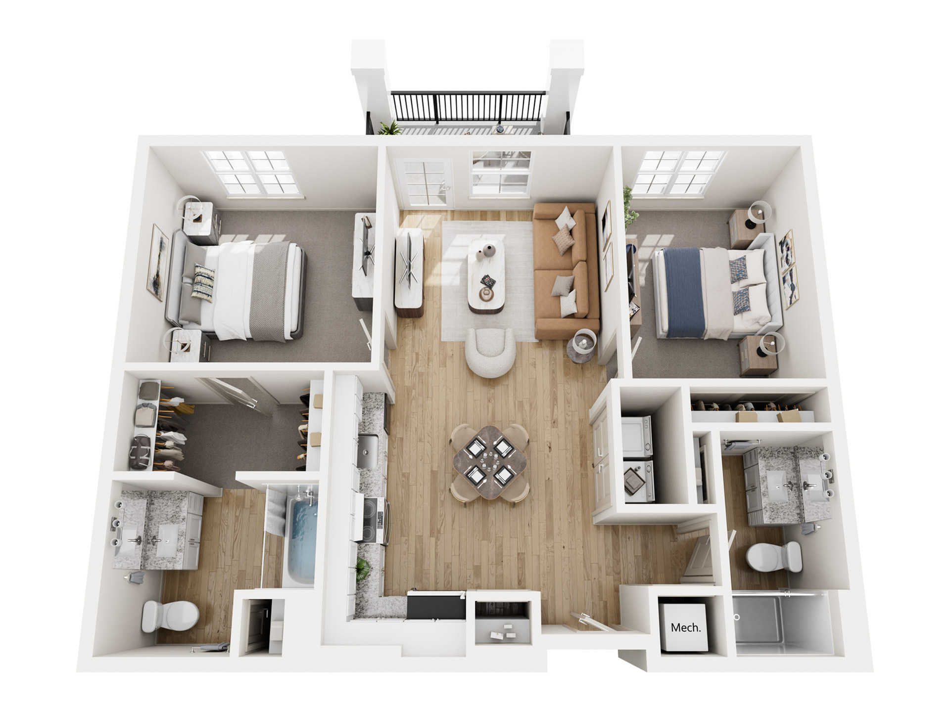 Modern open-concept 2-bedroom floor plan featuring a cozy living room, elegant kitchen, and two stylish bathrooms, ideal for comfortable living.