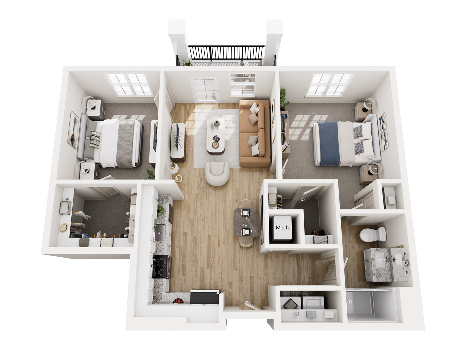 Elegant 3D floor plan showcasing two bedrooms, an open living area, stylish kitchen setup, and balcony access.