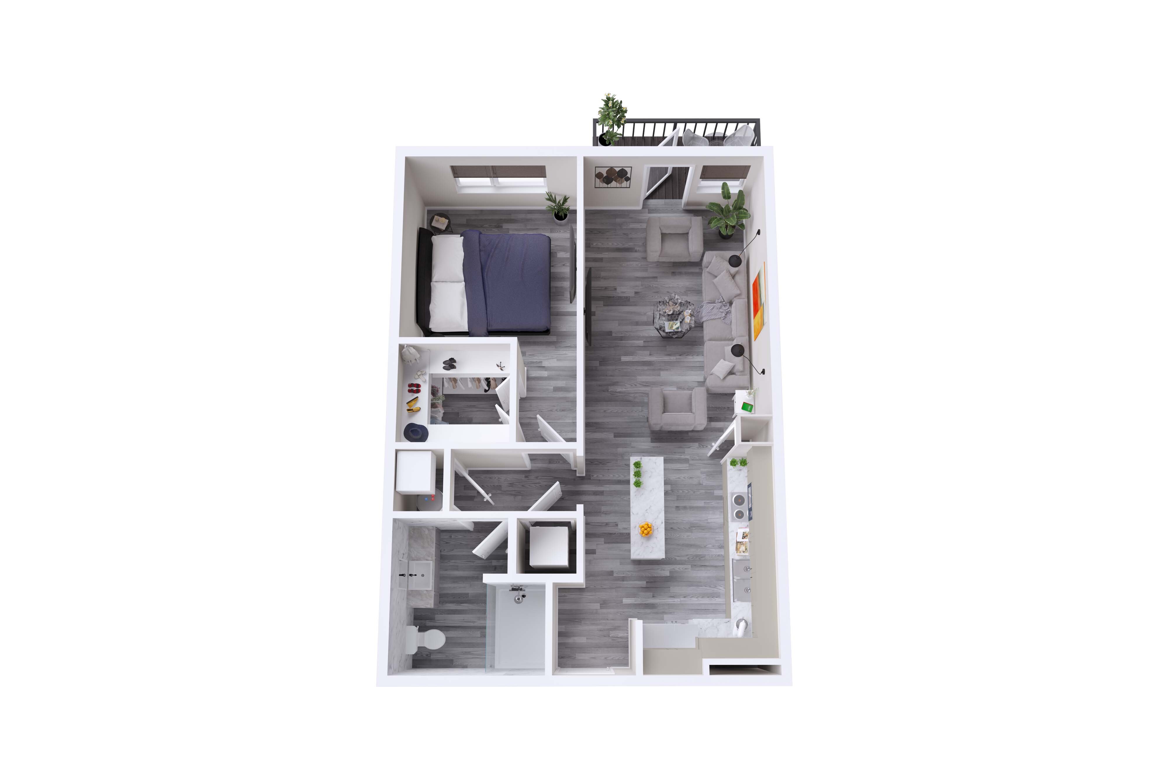 Modern 3D floor plan featuring a cozy bedroom, stylish open-concept living room, and sleek kitchen with breakfast bar, ideal for contemporary living.