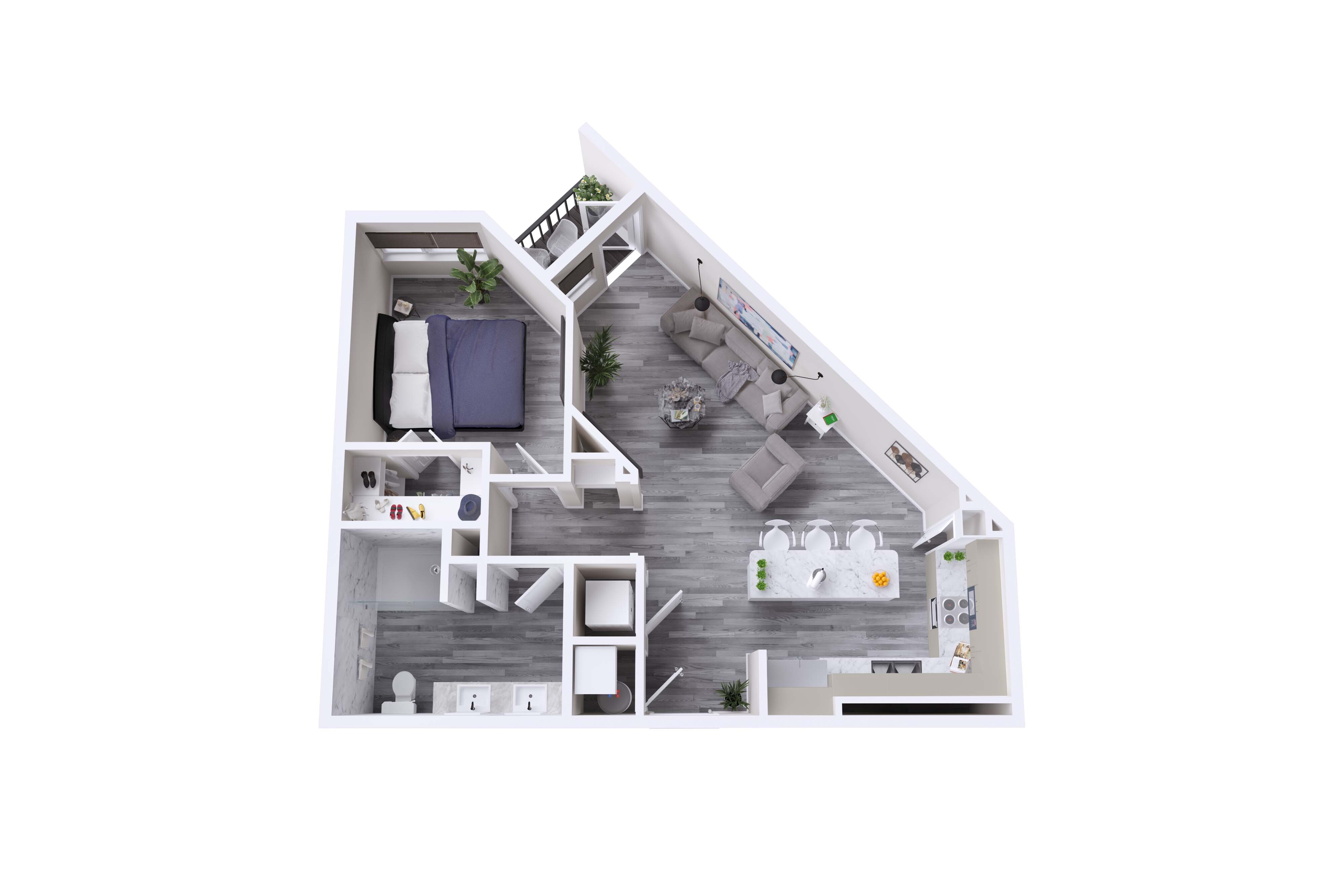 Modern 3D floor plan showcasing a cozy one-bedroom apartment with a spacious open-plan kitchen and living area, sleek bathroom, and stylish bedroom decor.