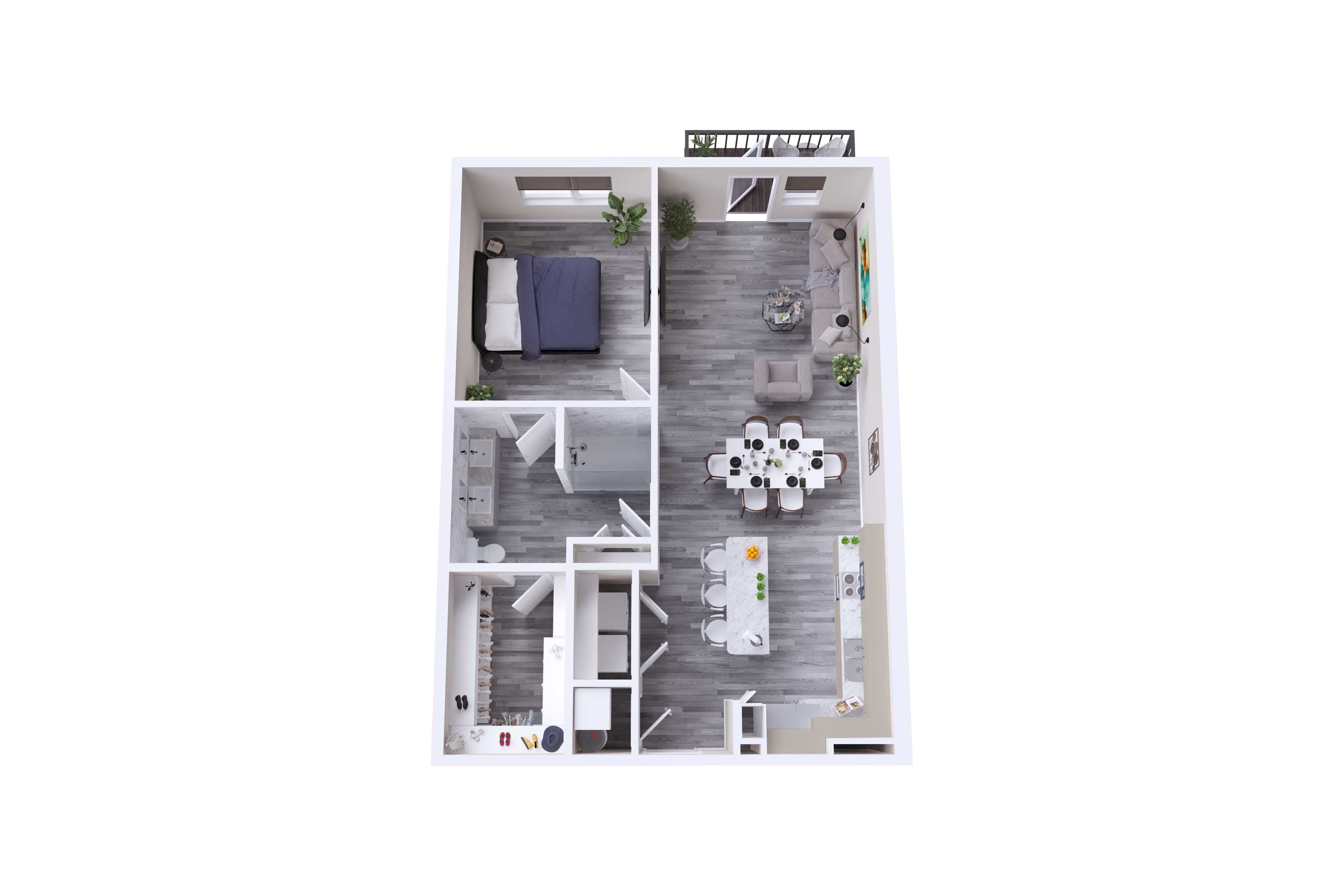 Elegant 3D floor plan showcasing a modern one-bedroom apartment with open-concept living and dining area, sleek kitchen, and cozy bathroom.