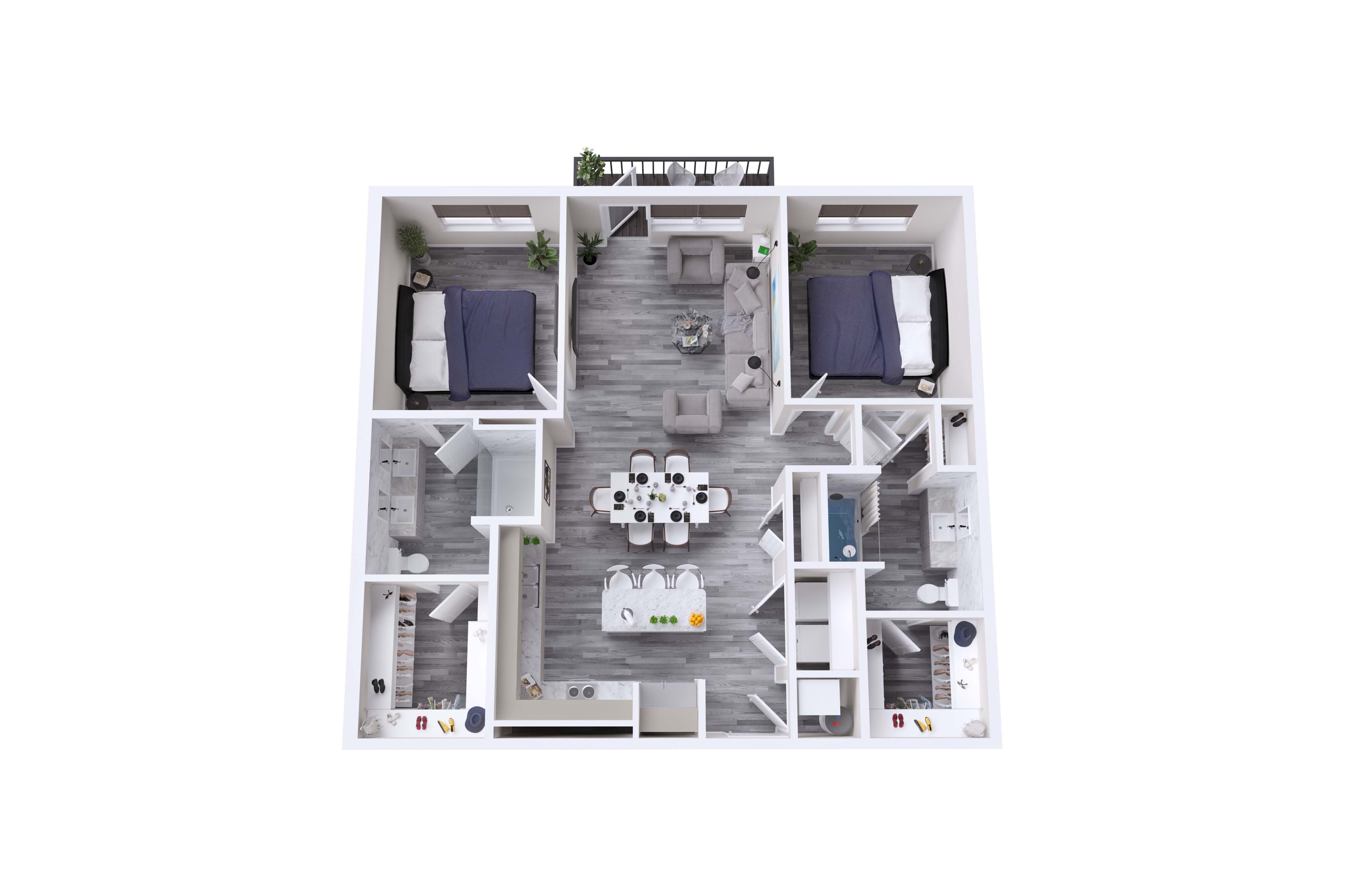 Modern 3D floor plan showcasing two spacious bedrooms, elegant open living space, and a sleek kitchen, perfect for contemporary living.