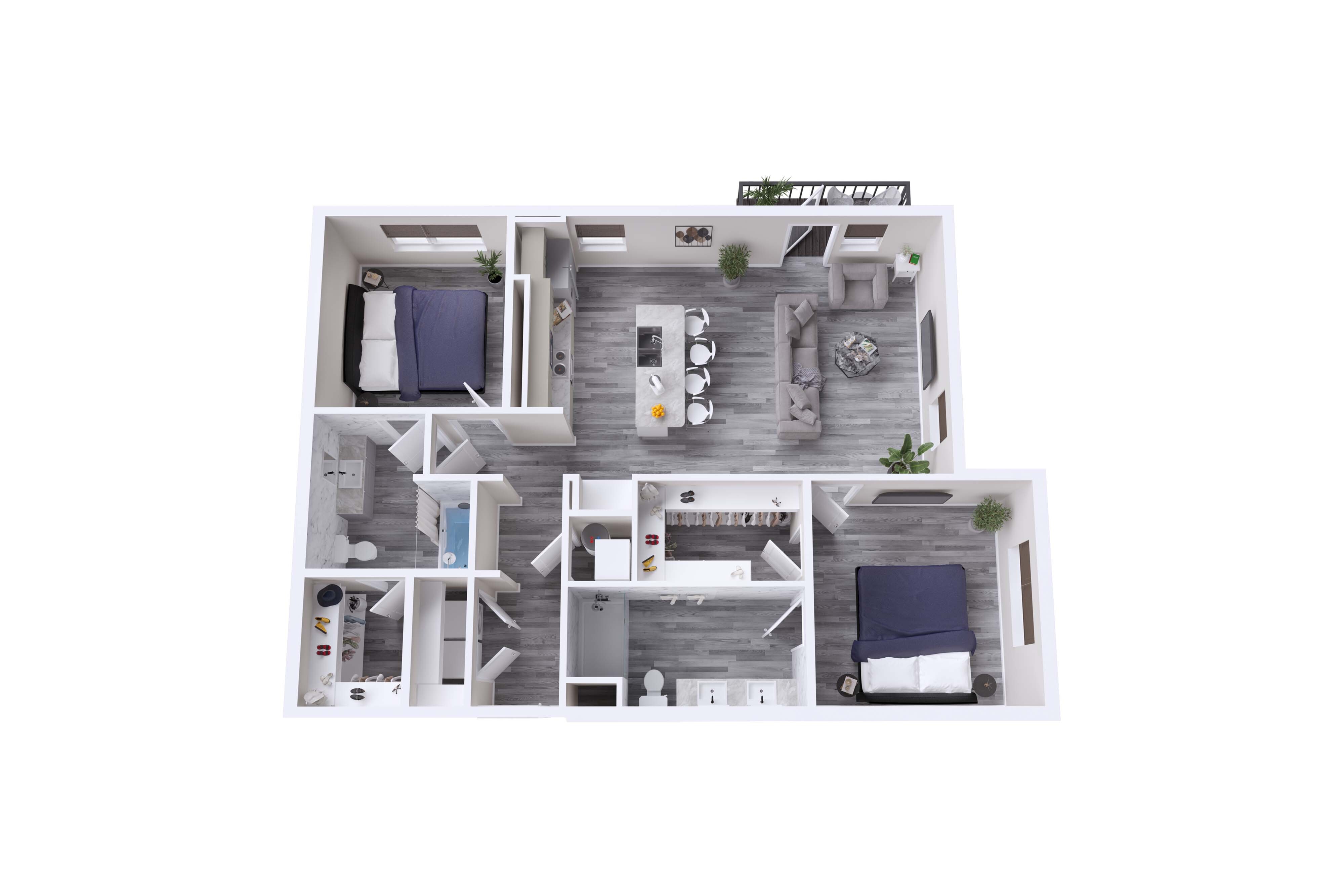 Modern 3D floor plan showcasing two spacious bedrooms, a sleek open-concept living area with chic decor, and a stylish kitchen with a central island.