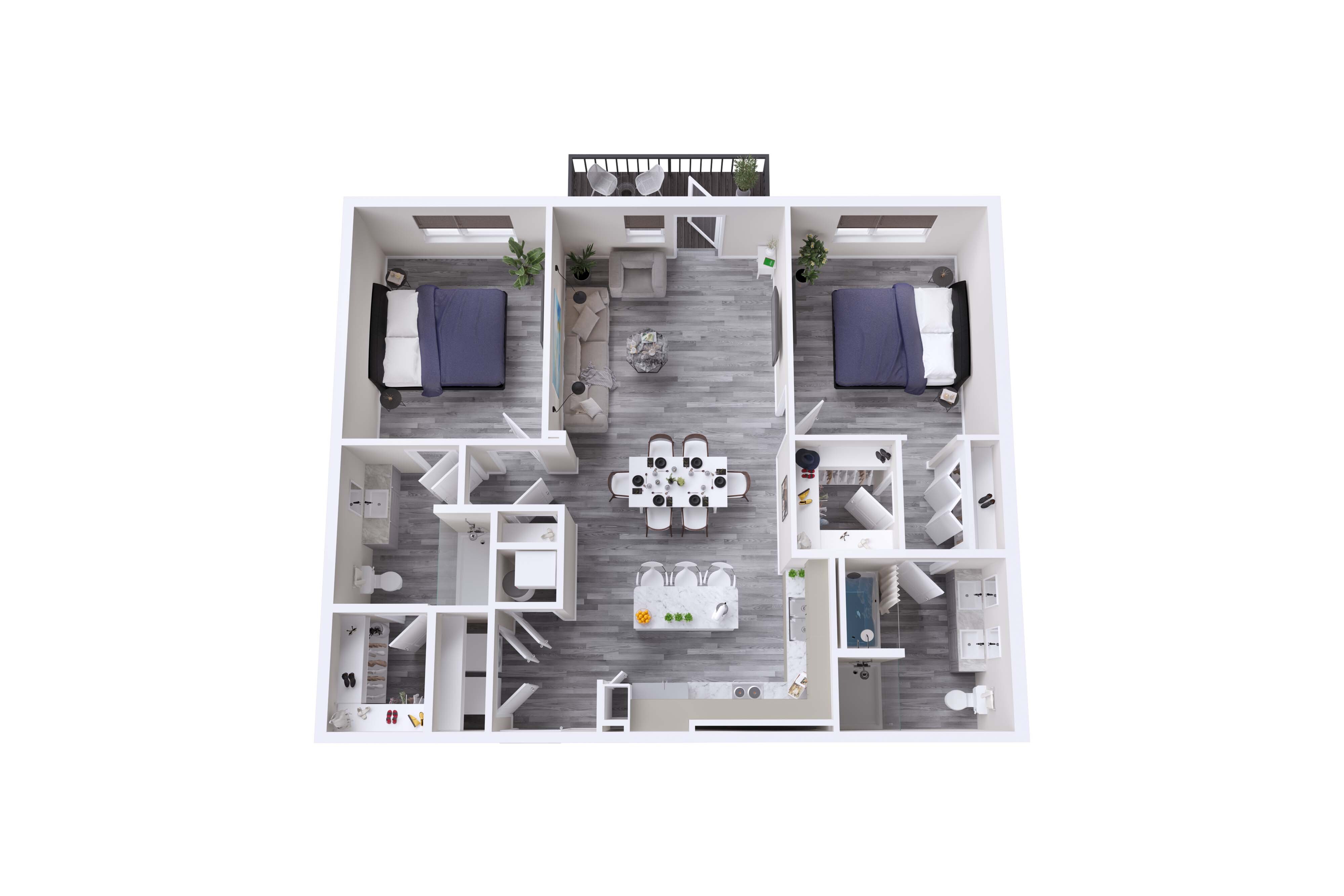 Modern 3D floor plan featuring two bedrooms, an open living and dining area, chic kitchen, and private balcony.