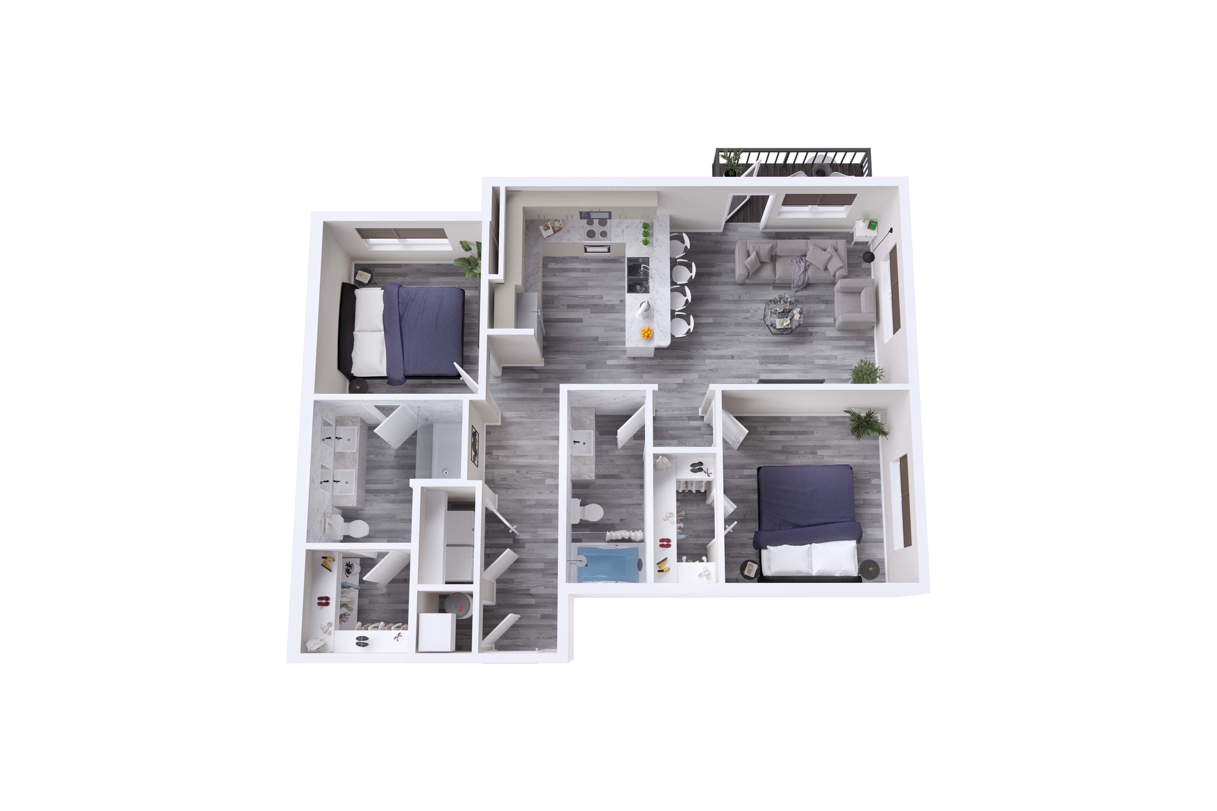 Modern 3D floor plan showcasing 2 spacious bedrooms, an open-concept kitchen with bar seating, and a bright living room with balcony access.
