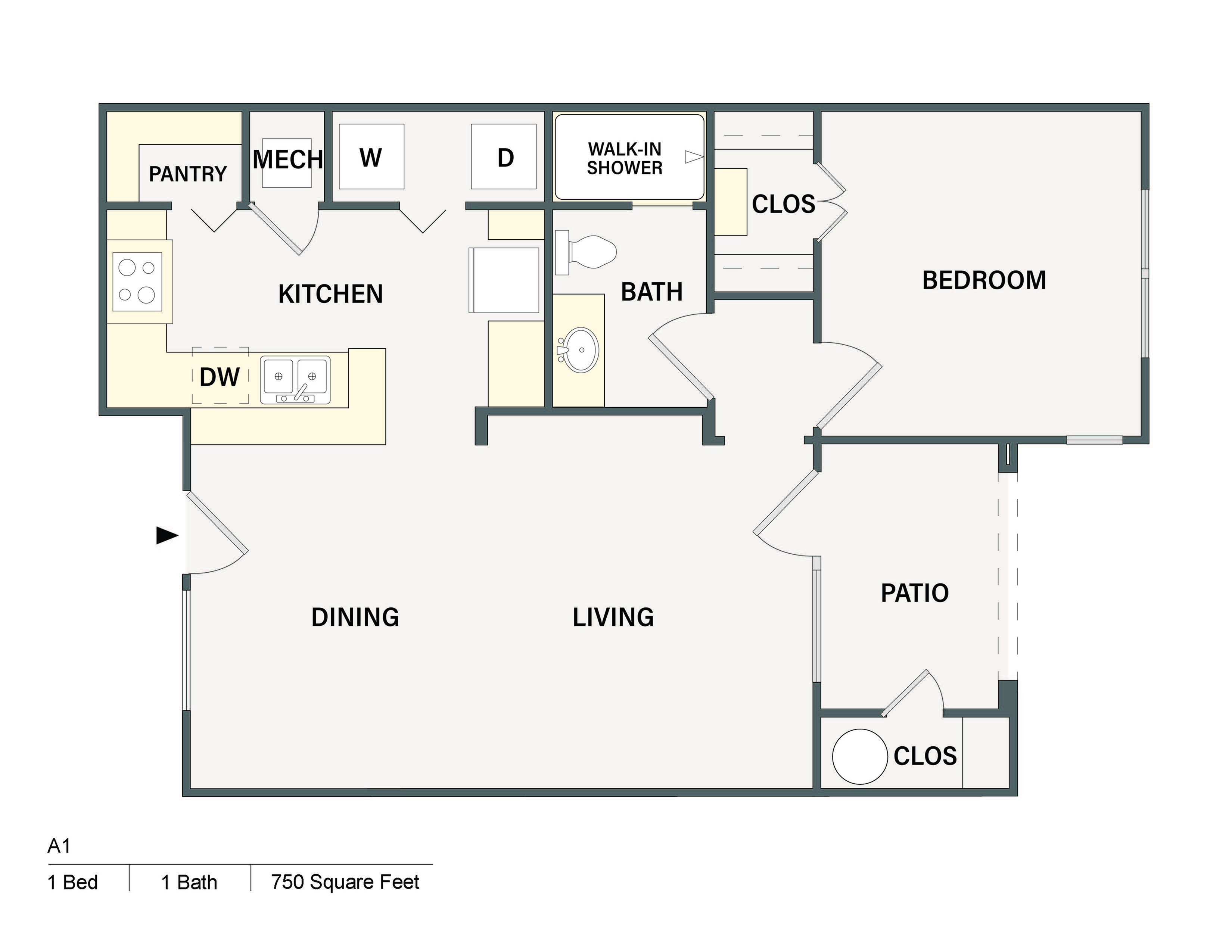 Modern 1-bedroom, 1-bath apartment floor plan featuring open dining and living area, spacious kitchen with pantry, and private patio. Total 750 square feet.