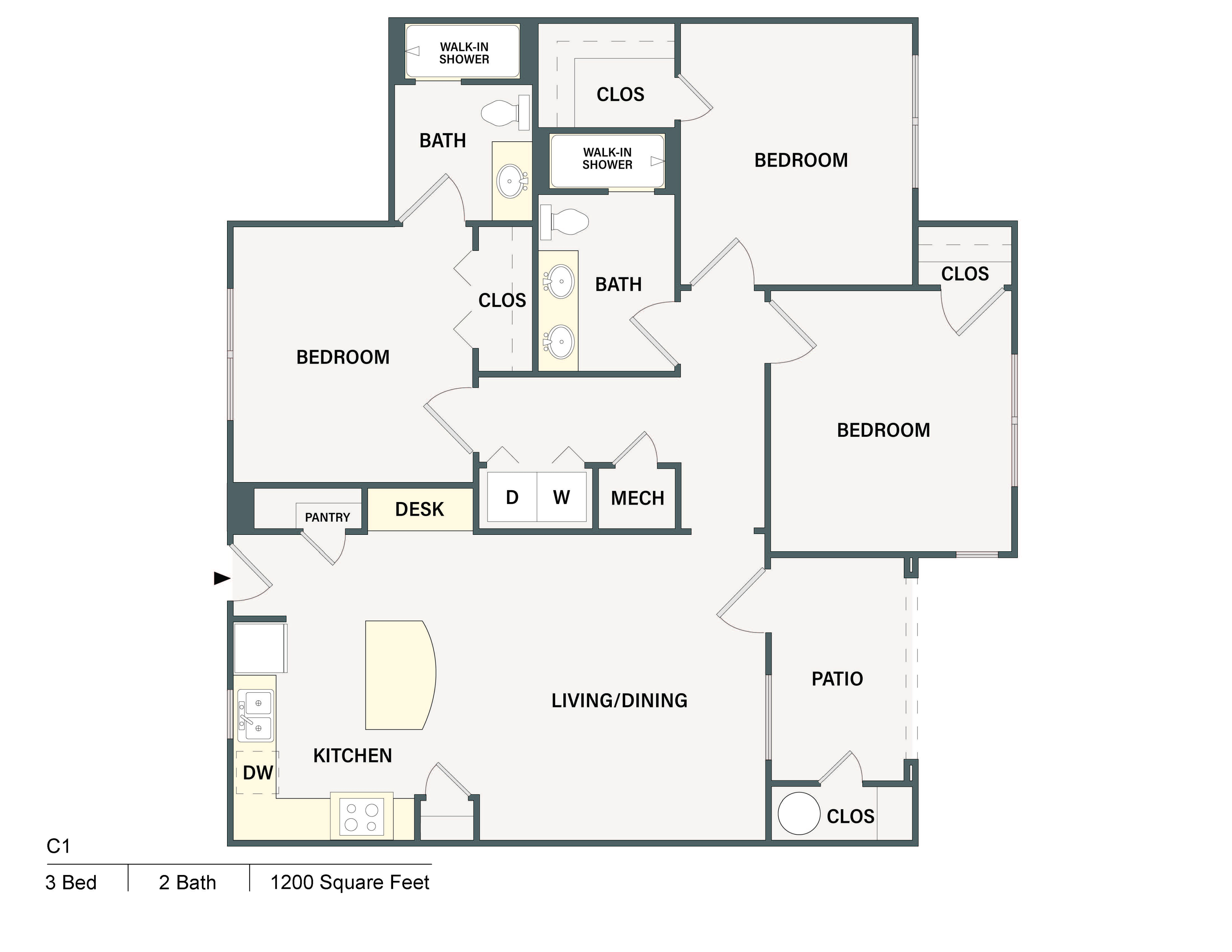 Modern C1 3-bedroom floor plan with 2 baths, open living and dining area, spacious kitchen, and private patio, covering 1200 sq ft.