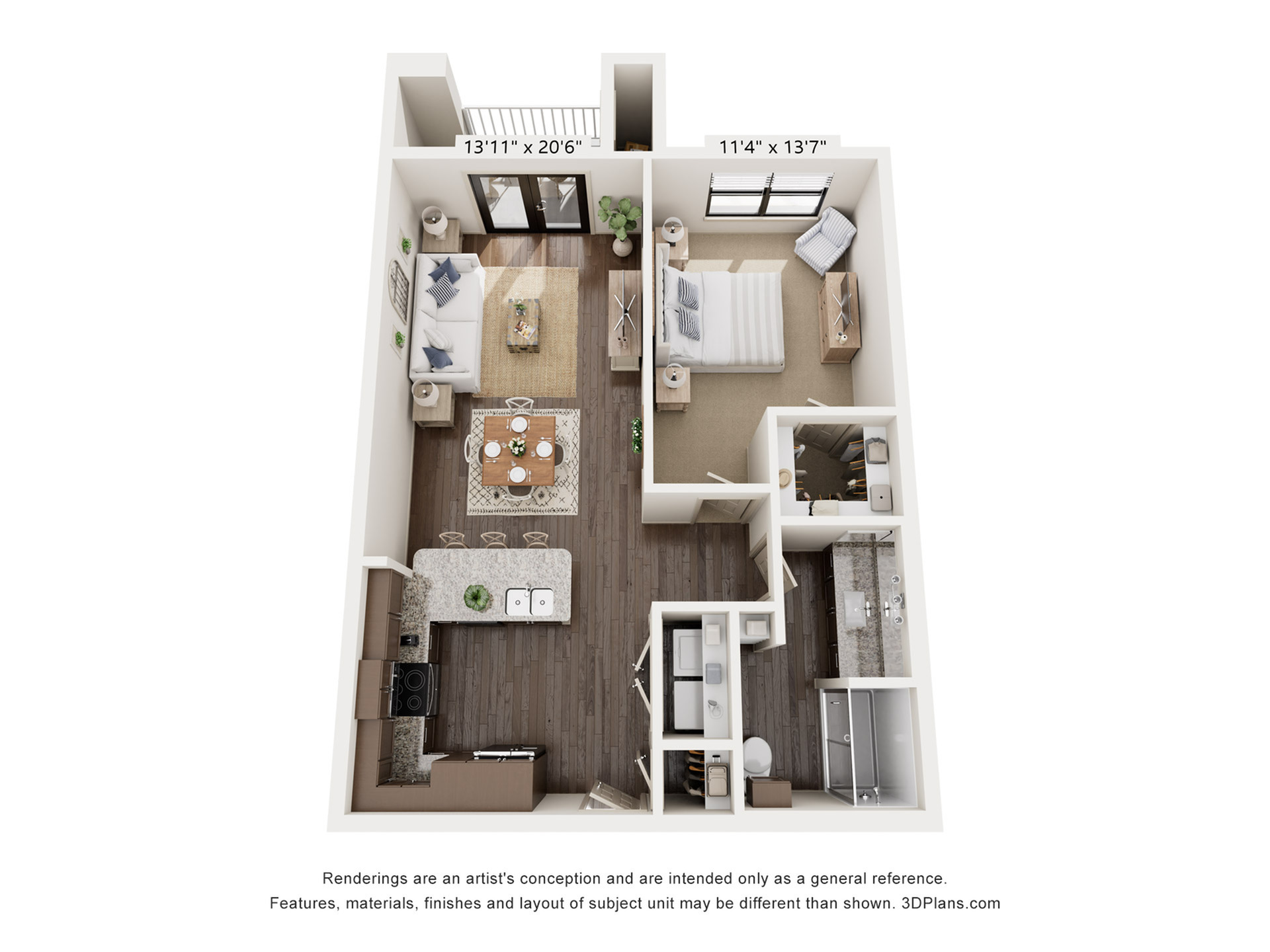 Contemporary 3D apartment floor plan showcasing a spacious bedroom, elegant living area, modern kitchen, and private balcony. Ideal for stylish urban living.