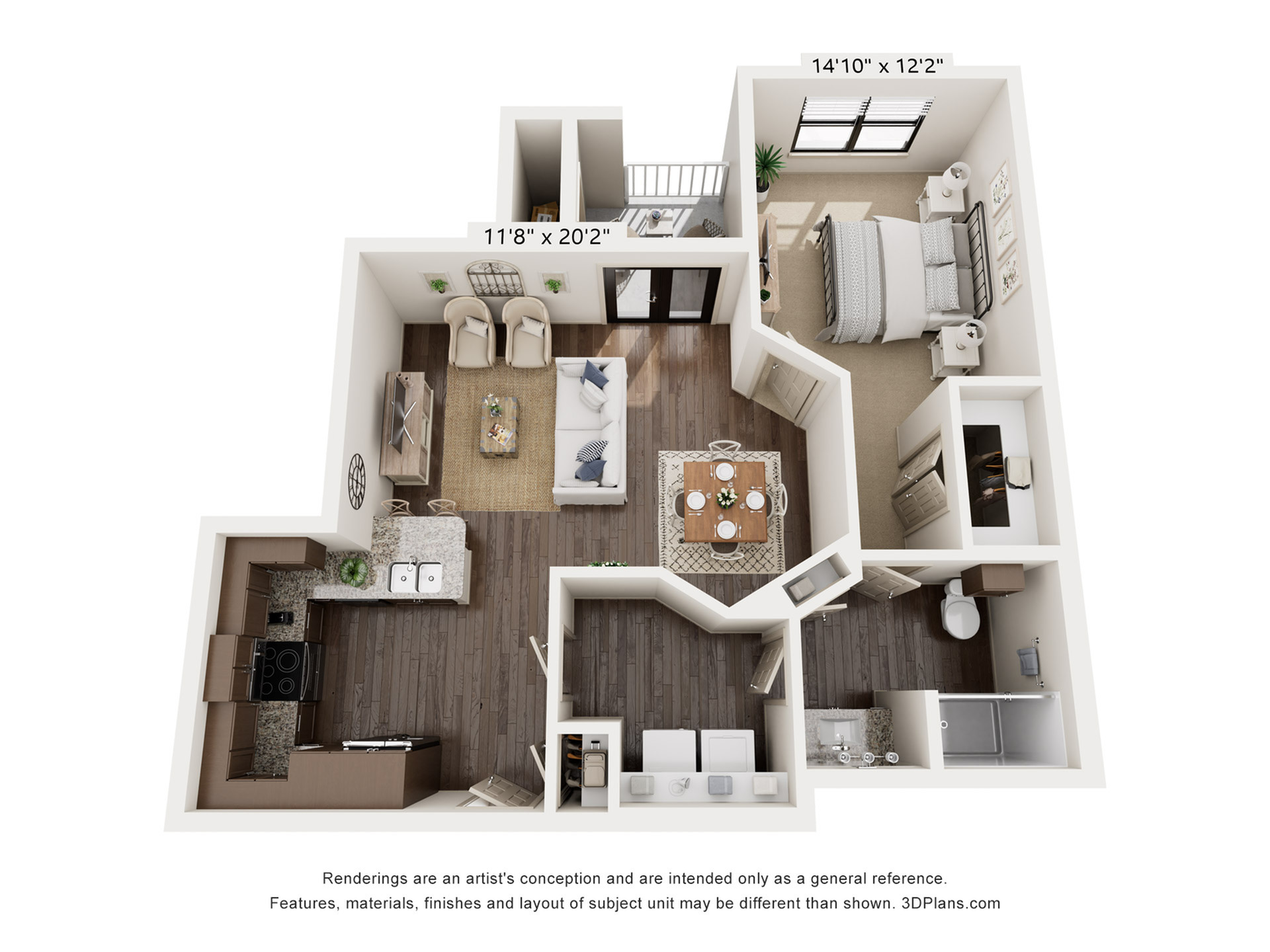 Modern 3D floor plan featuring a stylish open-concept living area, spacious bedroom, and efficient kitchen layout.