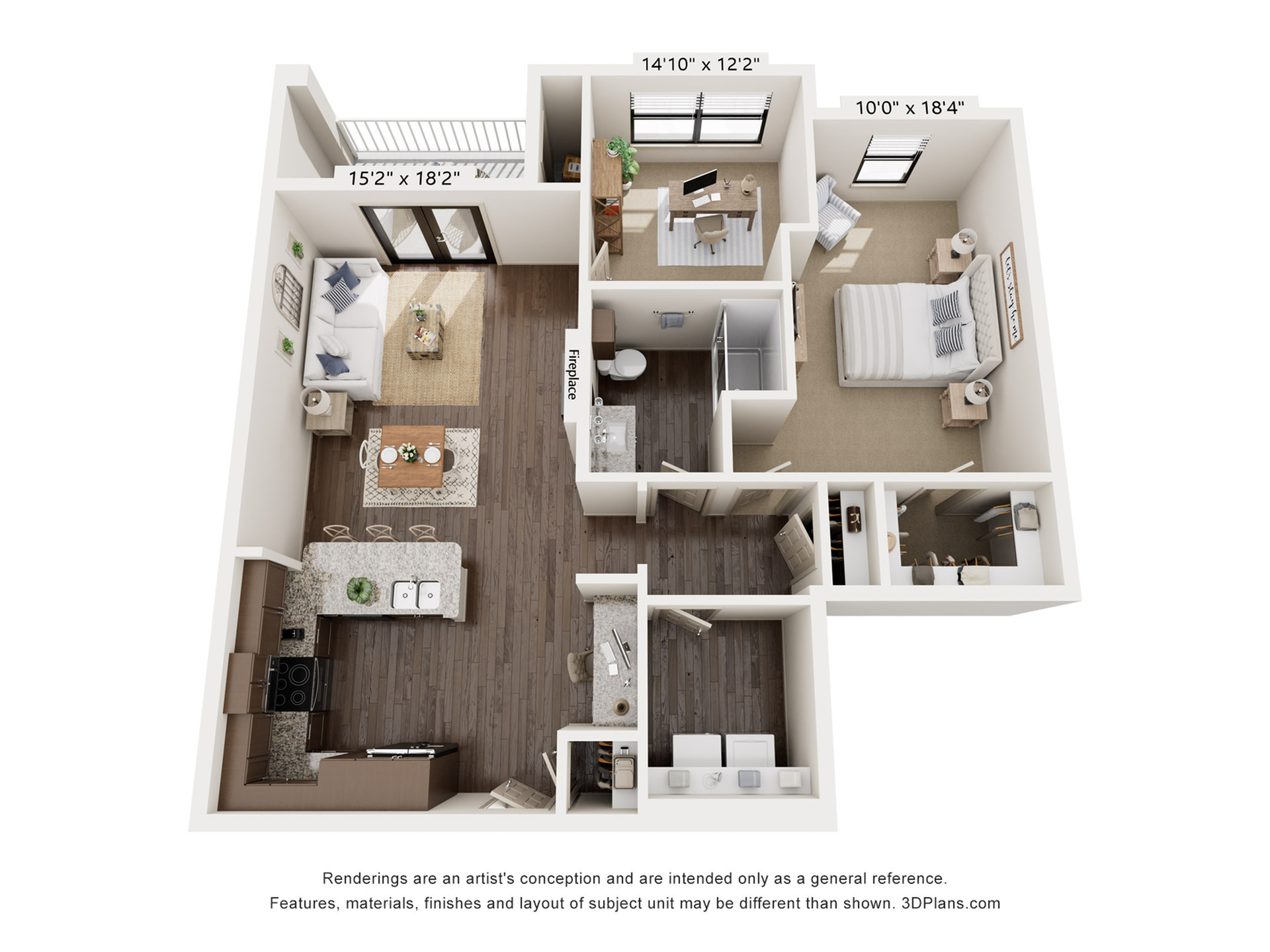 Contemporary floor plan with spacious living area, modern kitchen island, two cozy bedrooms, and two bathrooms.