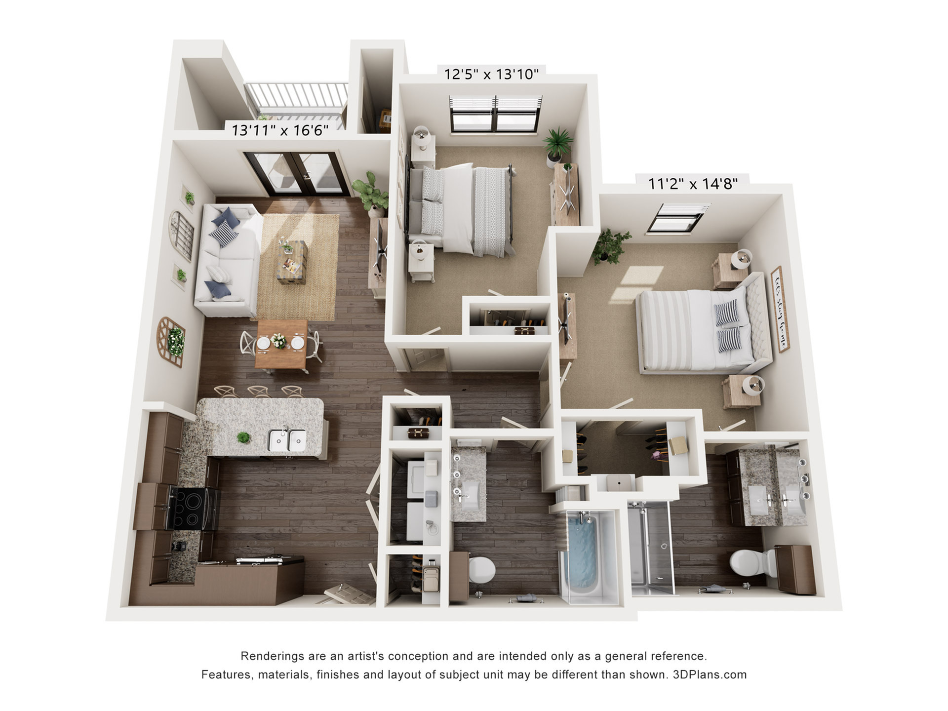 Modern 3D floor plan featuring 2 bedrooms, a spacious living room, open kitchen, and dual bathrooms with elegant fixtures.