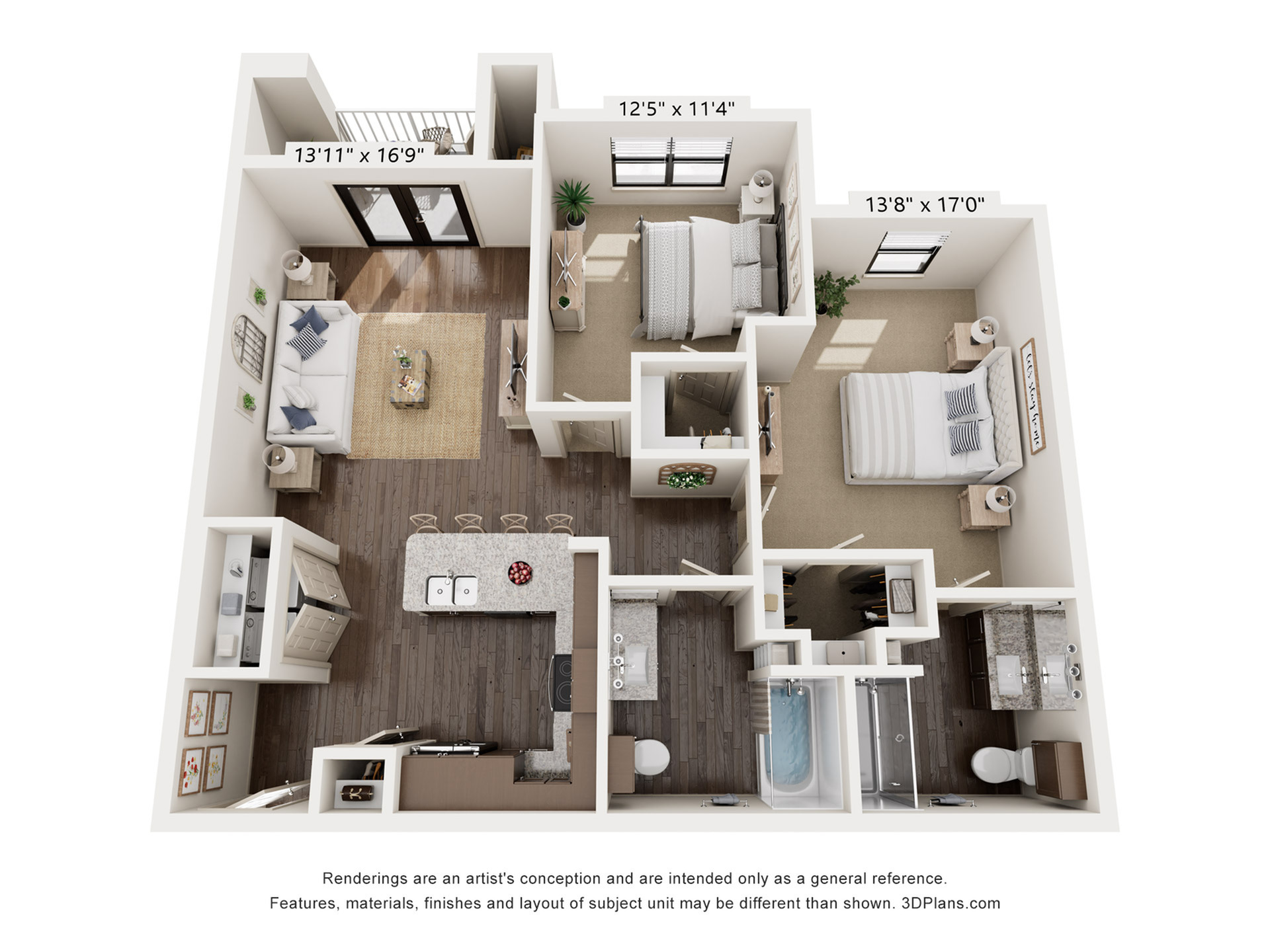 Modern apartment floor plan featuring 2 cozy bedrooms, an elegant kitchen with island seating, and a comfortable living area opening to a balcony.