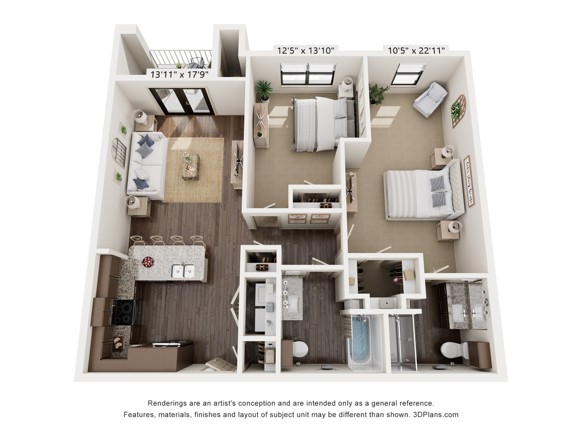 Modern 3D floor plan showcasing a spacious 2-bedroom unit with an open-plan living area and stylish kitchen, featuring generous windows for natural light.
