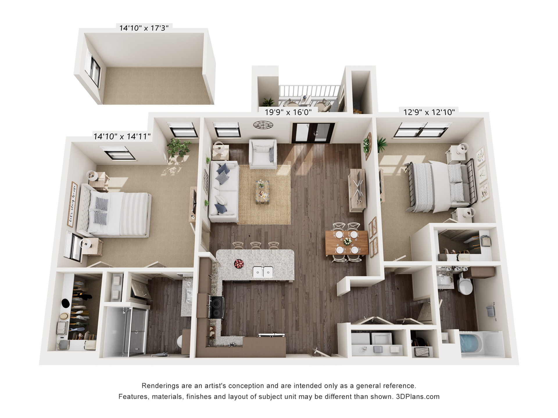 Modern 3D floor plan featuring two spacious bedrooms, a cozy living area, an elegant kitchen with island, and two sleek bathrooms.