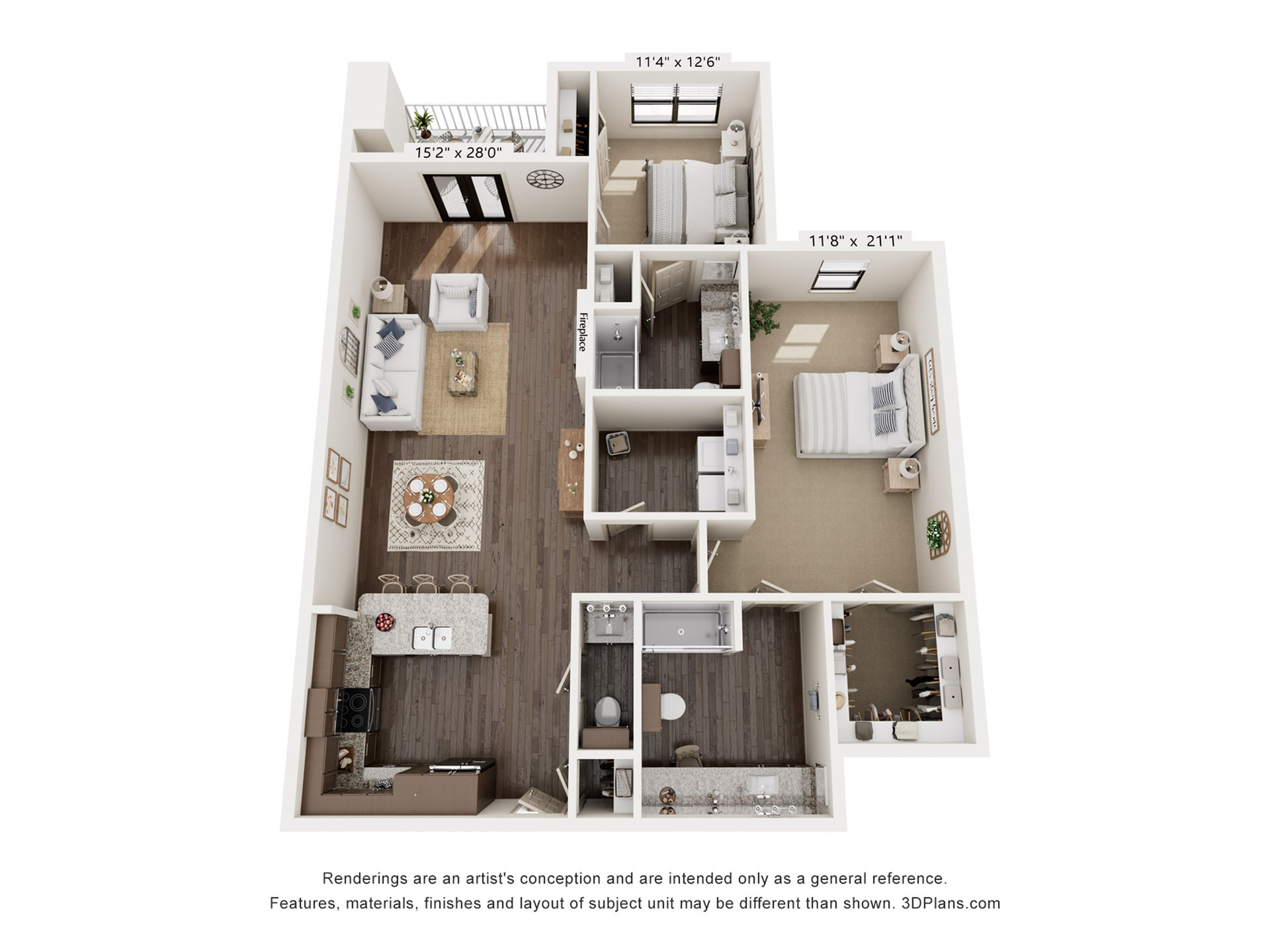 Elegant 3D floor plan showcasing 2 bedrooms, stylish living area, modern kitchen, and private balcony with fireplace feature.