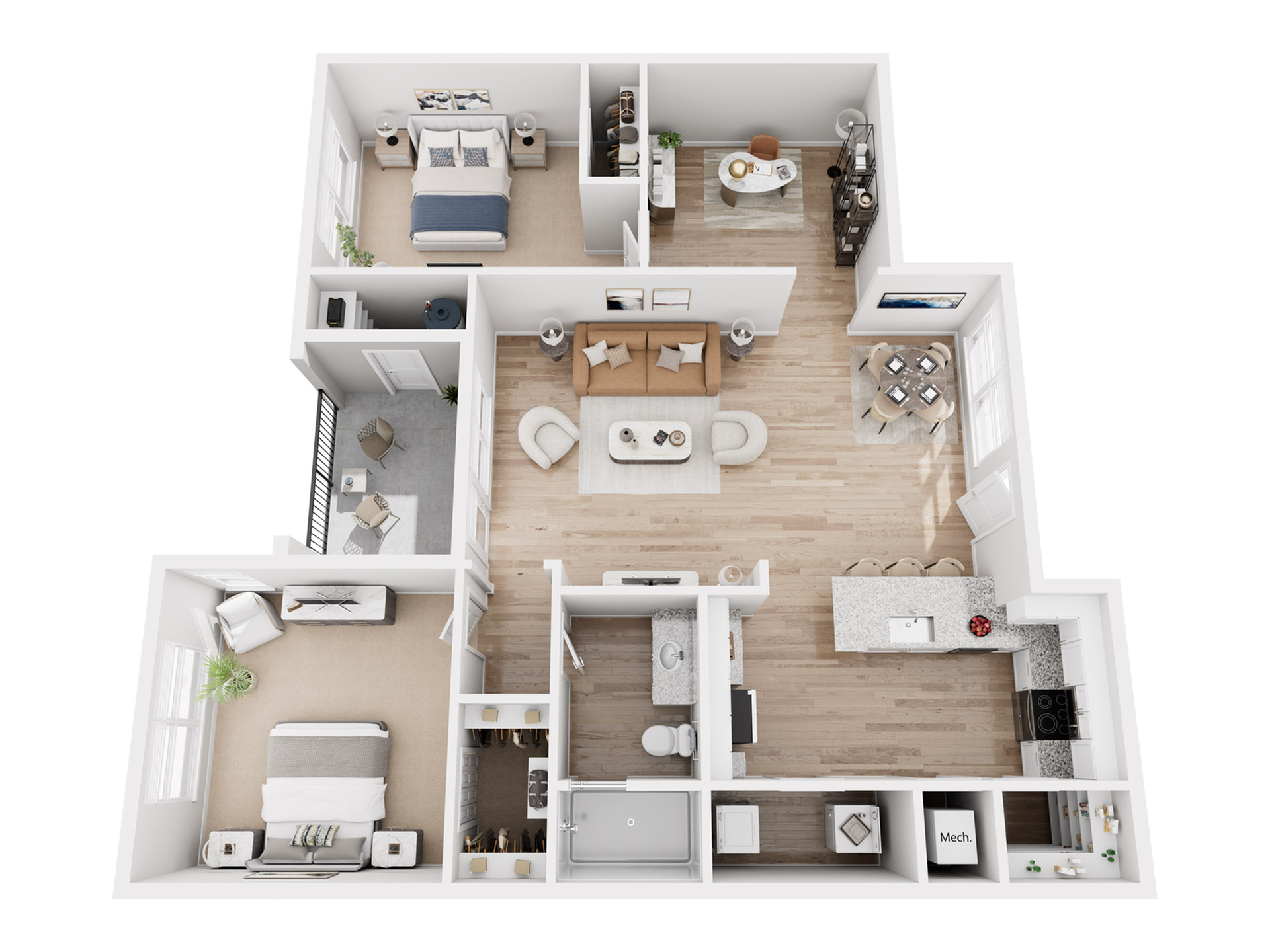 Modern 3D floor plan featuring two cozy bedrooms, a stylish open-concept living and dining area, and a sleek kitchen with an island.
