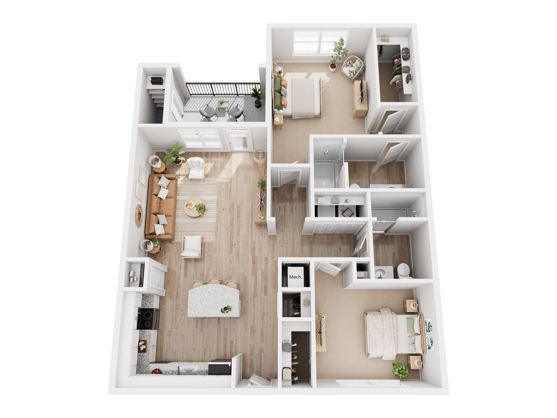 Chic 3D floor plan showcasing 2 bedrooms, a modern kitchen, open living space, and cozy balcony in a stylish apartment layout.