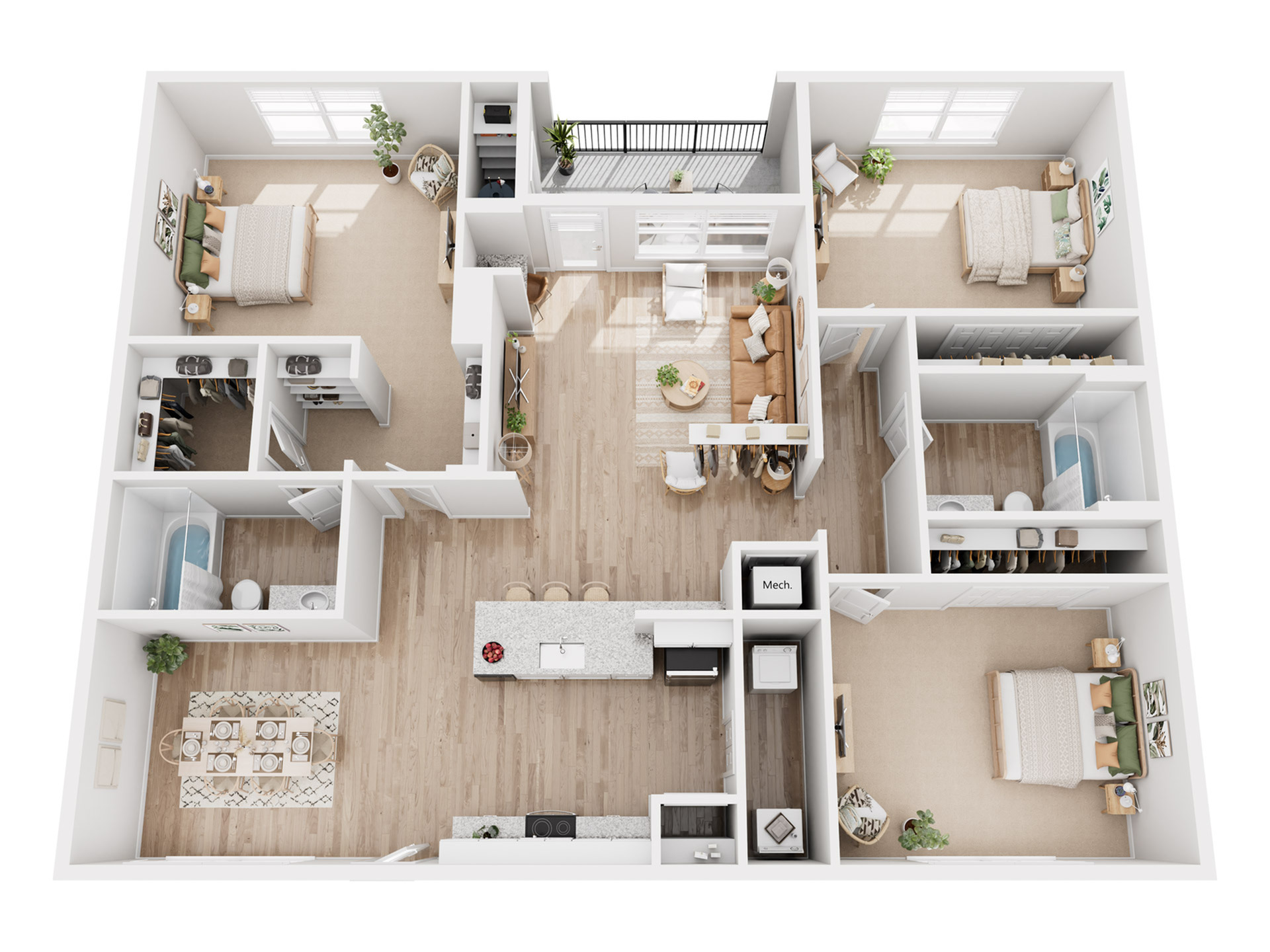 Modern floor plan showcasing 3 spacious bedrooms, 2 elegant bathrooms, open-concept living and dining area, and a sleek kitchen with island seating.
