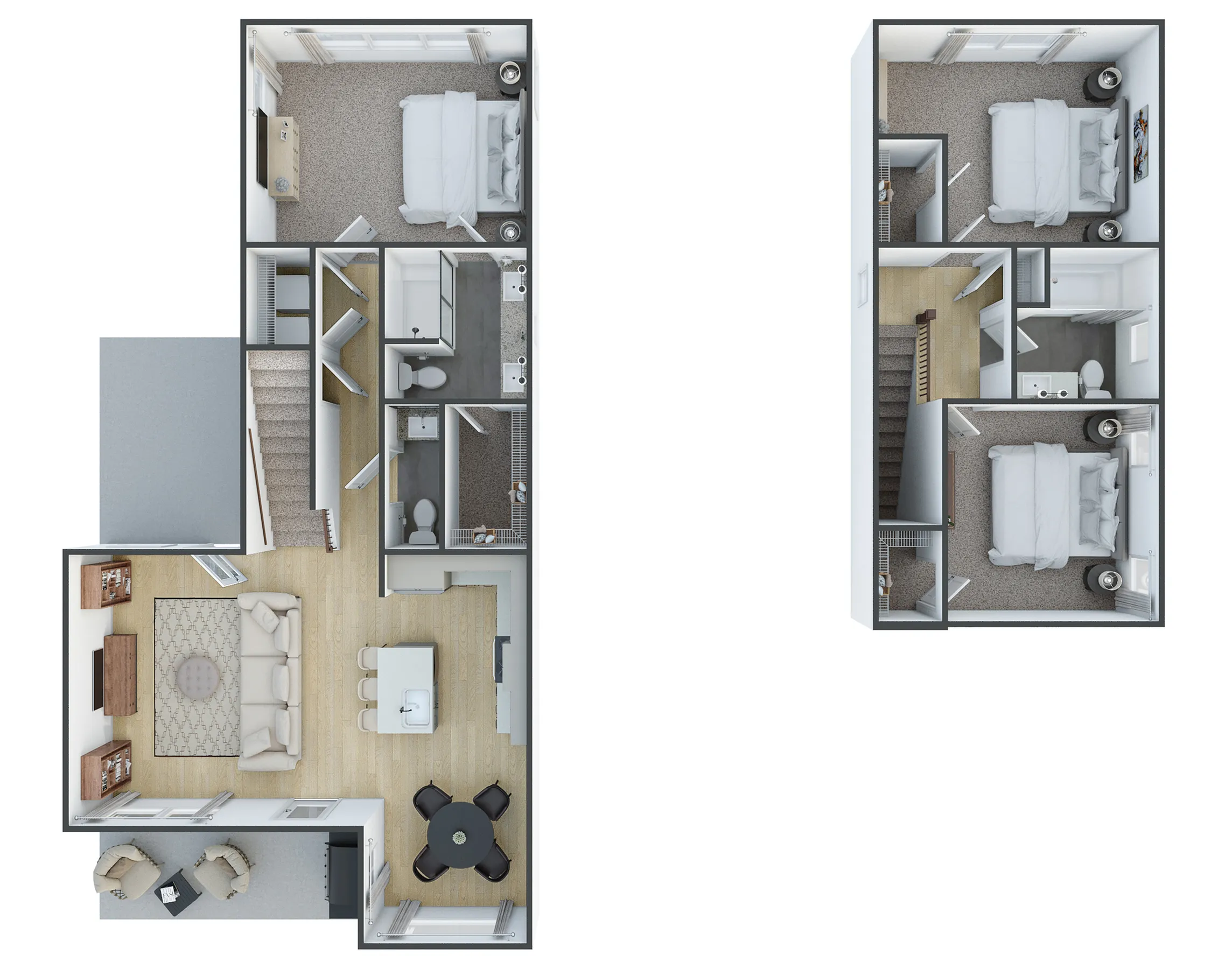 Chic 2-level floor plan with 3 bedrooms, modern kitchen, and inviting living space. Abundant natural light and efficient layout for comfortable living.