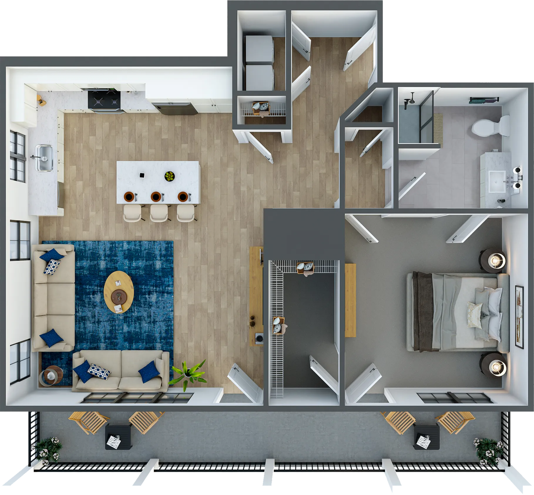 Chic floor plan showcasing a spacious one-bedroom apartment with an open-concept living area, modern kitchen, and stylish balcony.